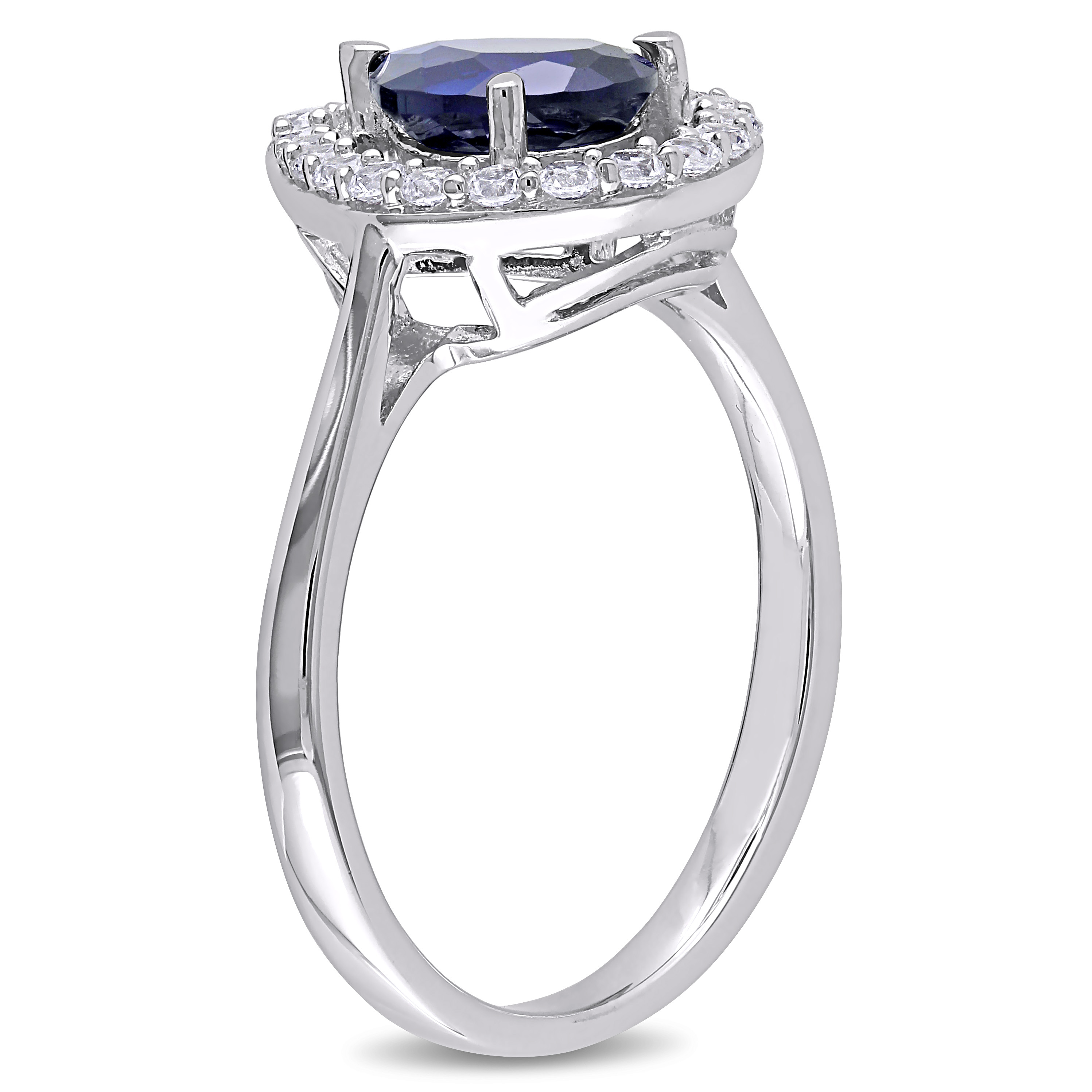 Created Blue and Created White Sapphire Teardrop Halo Ring in Sterling Silver