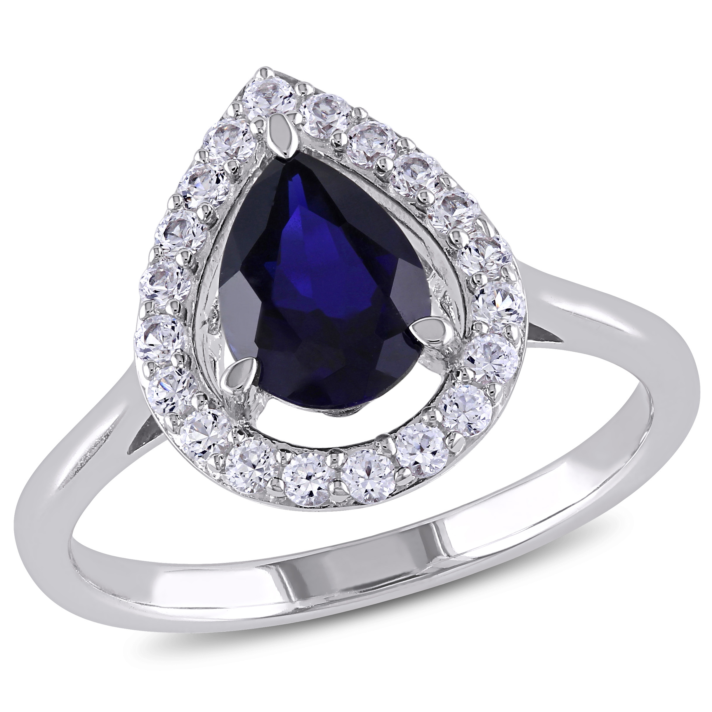 Created Blue and Created White Sapphire Teardrop Halo Ring in Sterling Silver
