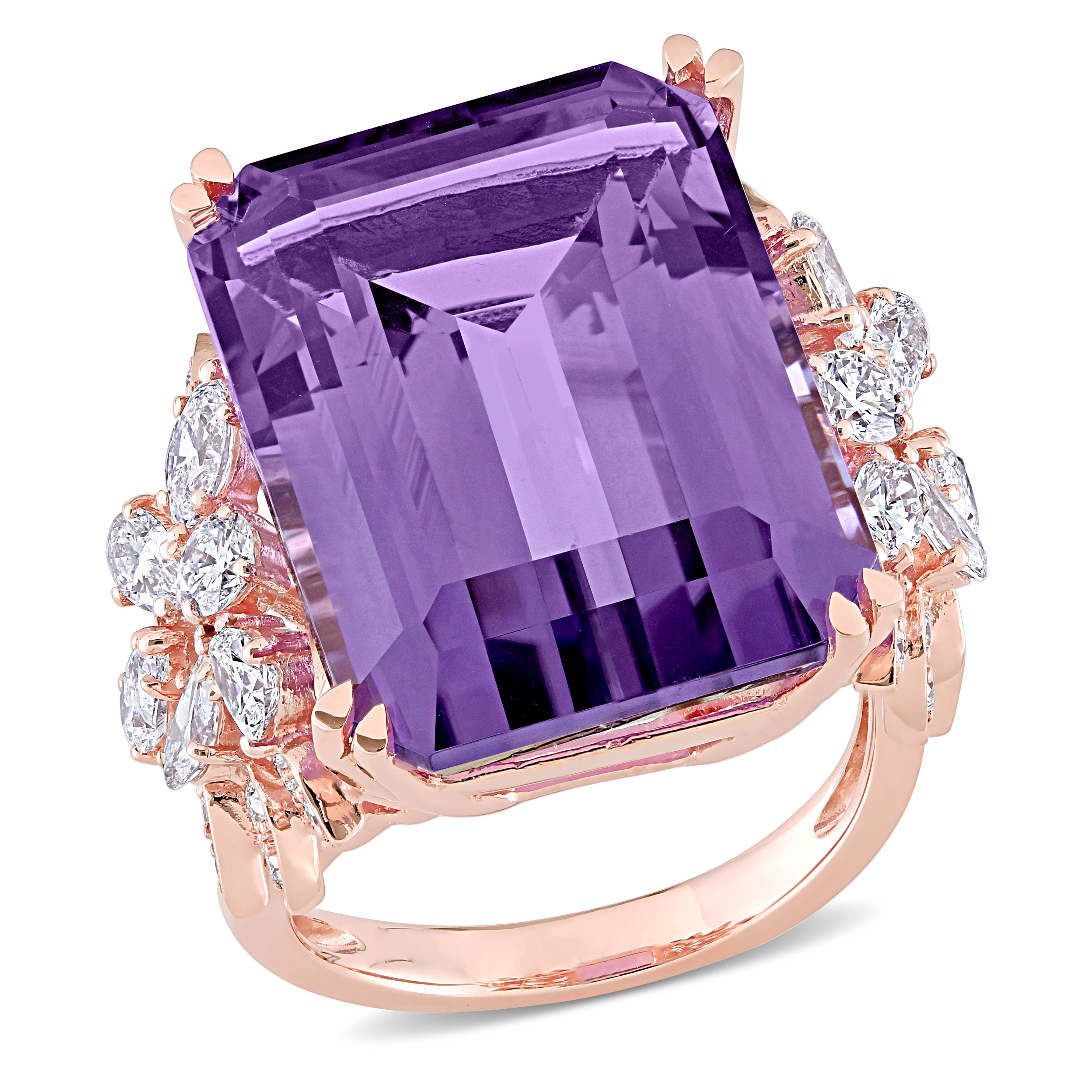 20 CT TGW Octagon Shaped Amethyst Ring with 1 3/4 CT TW Diamonds in 14k Rose Gold