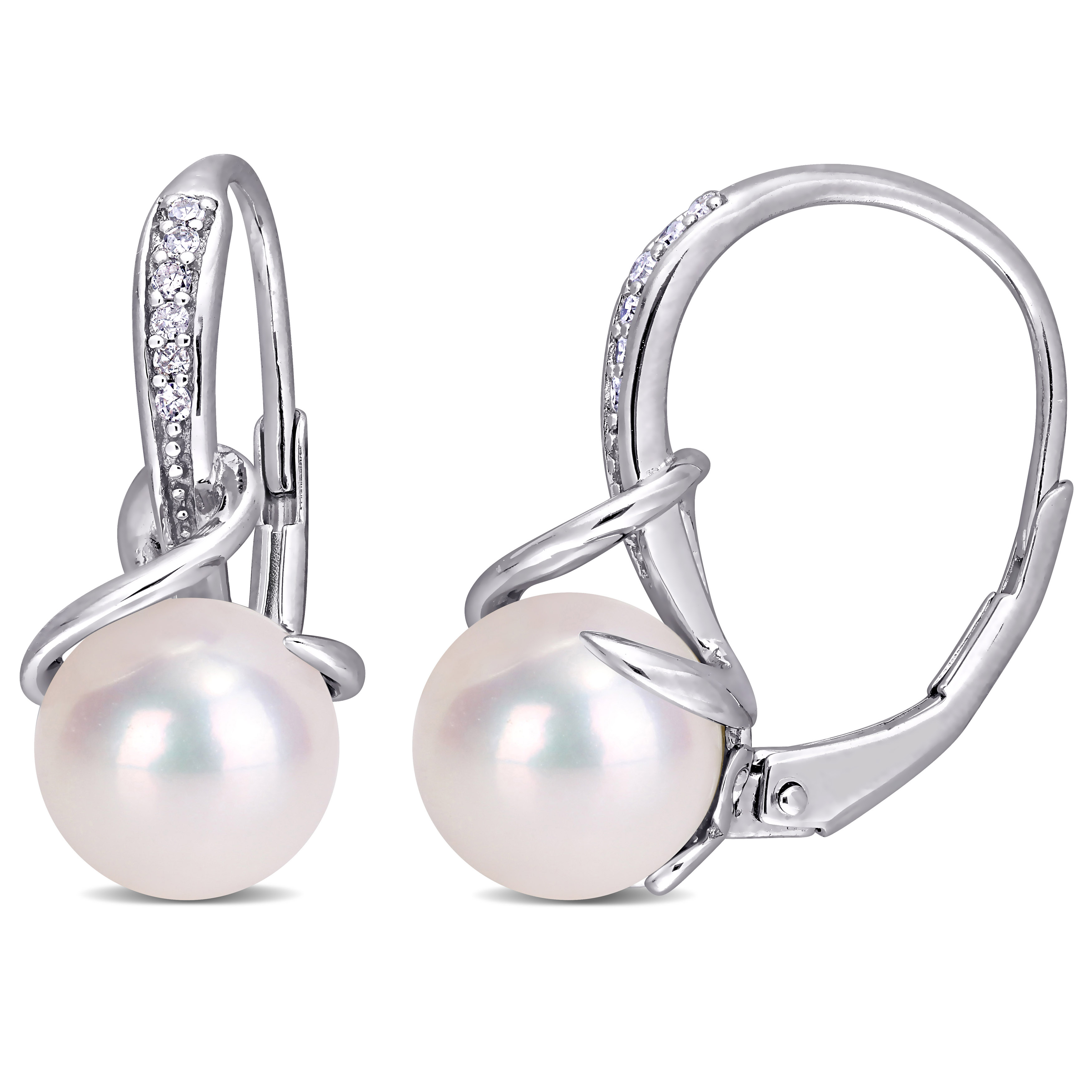 8 - 8.5 MM White Cultured Freshwater Pearl and Diamond Twist Leverback Earrings in Sterling Silver