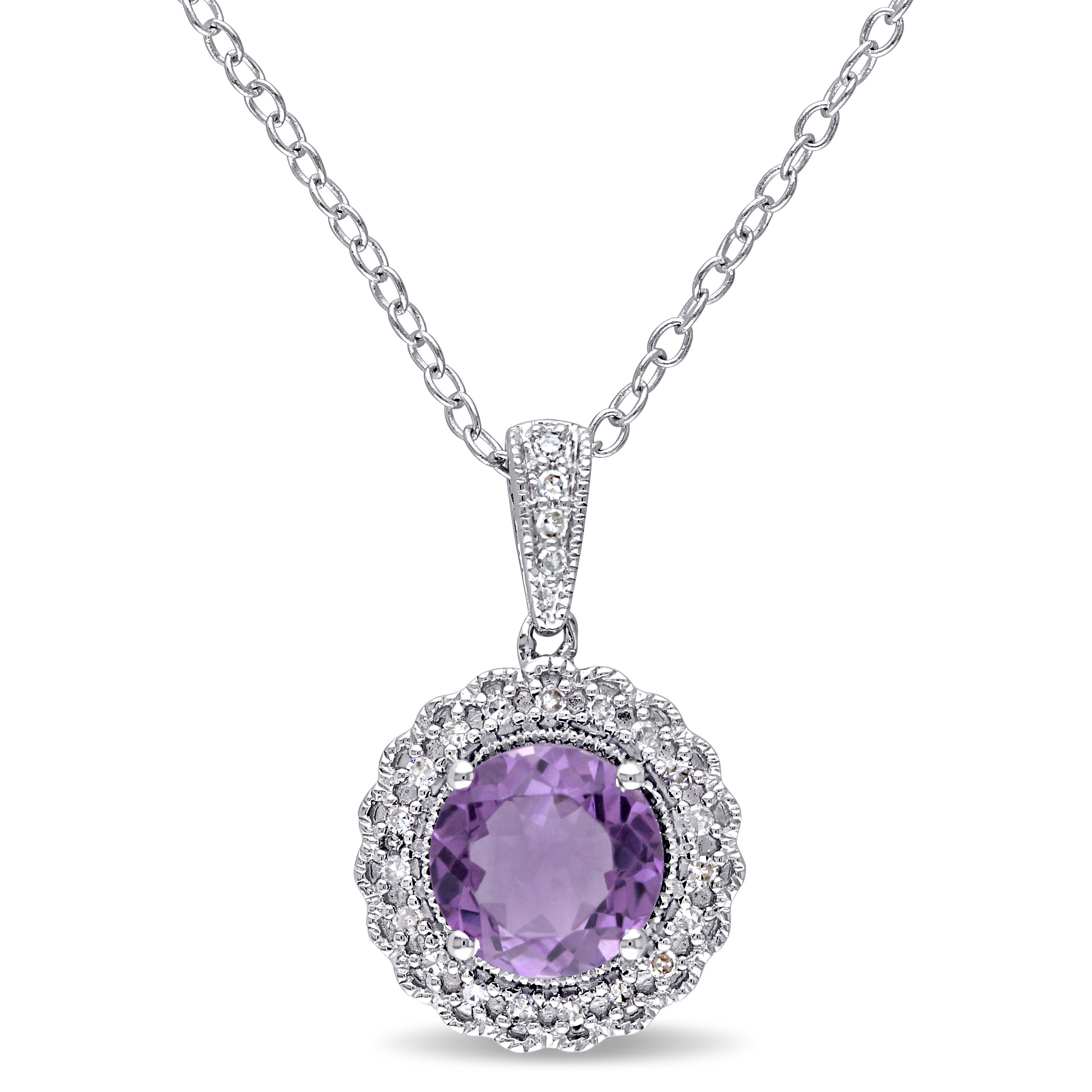 1/10 CT TW Diamond and Amethyst Halo Pendant with Chain in Sterling Silver