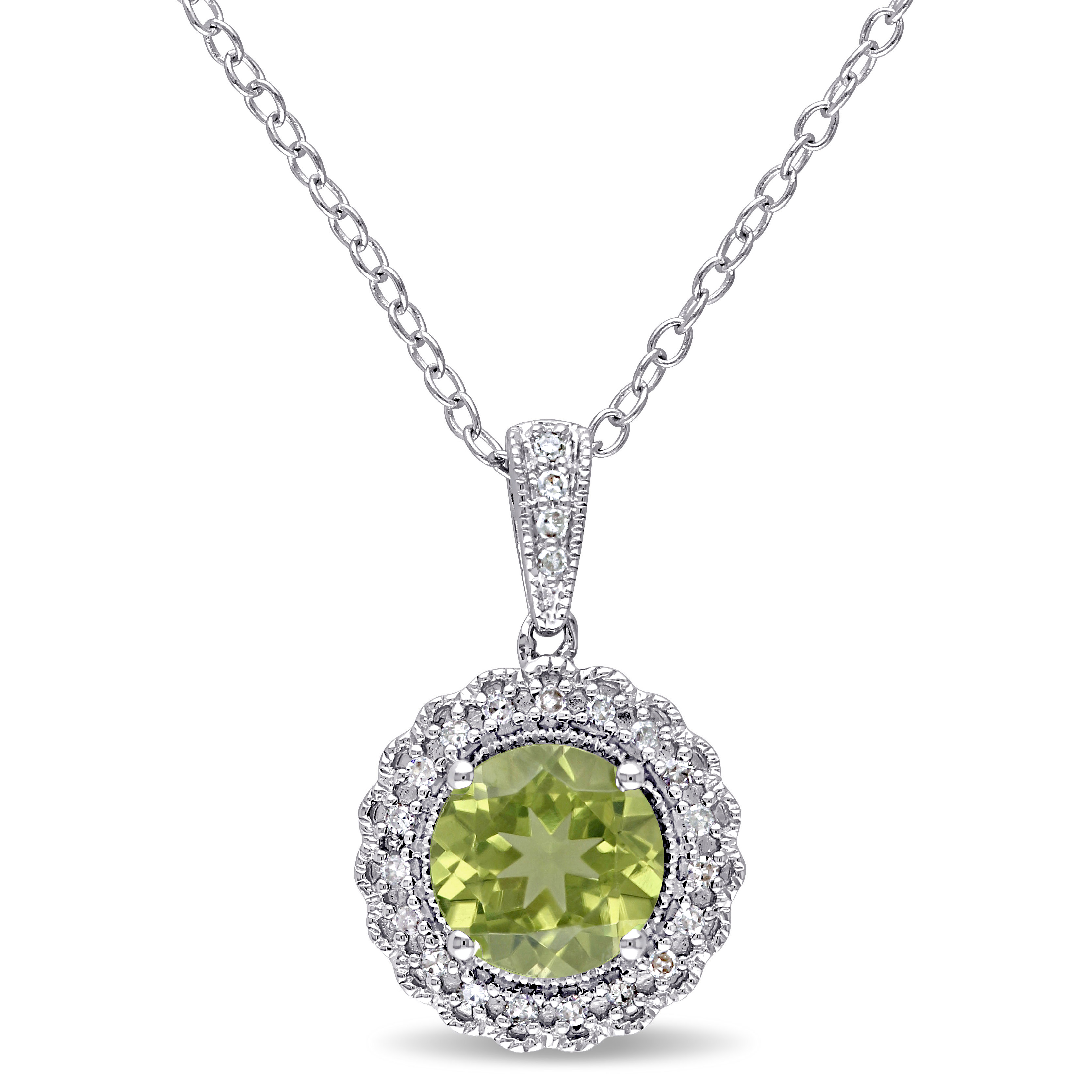 1/10 CT TW Diamond and Peridot Halo Pendant with Chain in Sterling Silver