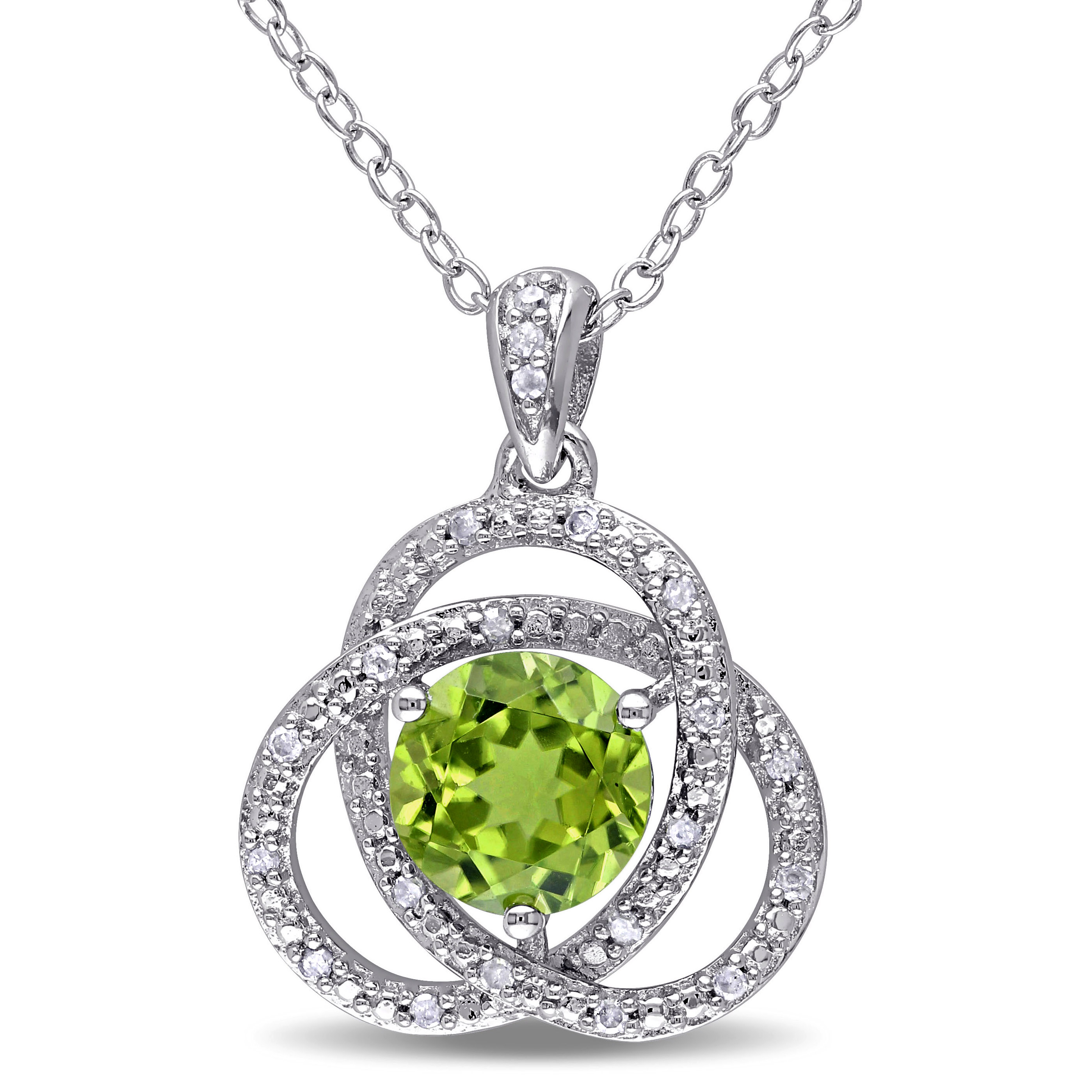 1/10 CT TW Diamond and Peridot Trillium Pendant with Chain in Sterling Silver