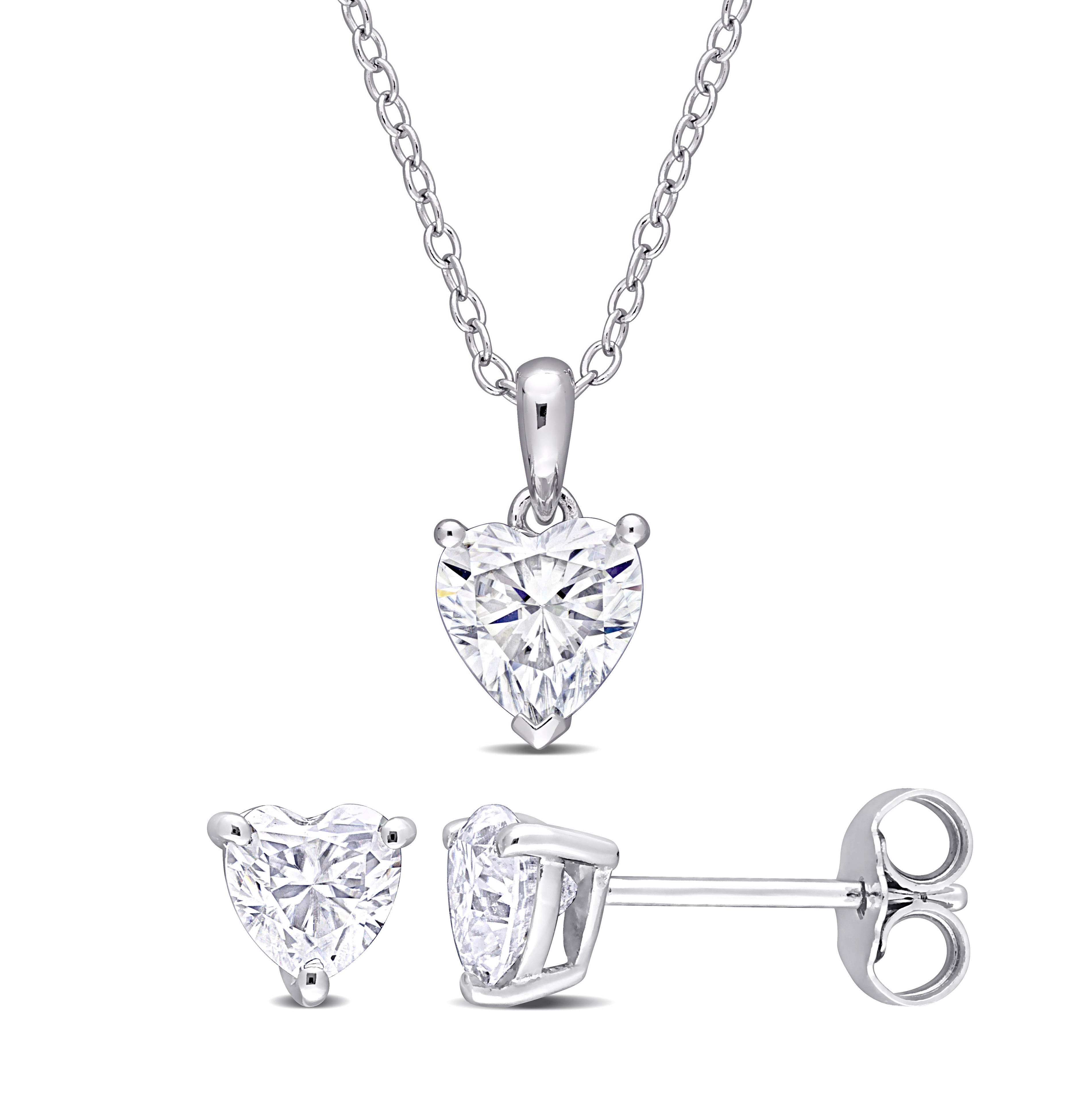 2 CT DEW Heart Shaped Created Moissanite Stud Earrings and Pendant with Chain Set 2-Piece in Sterling Silver