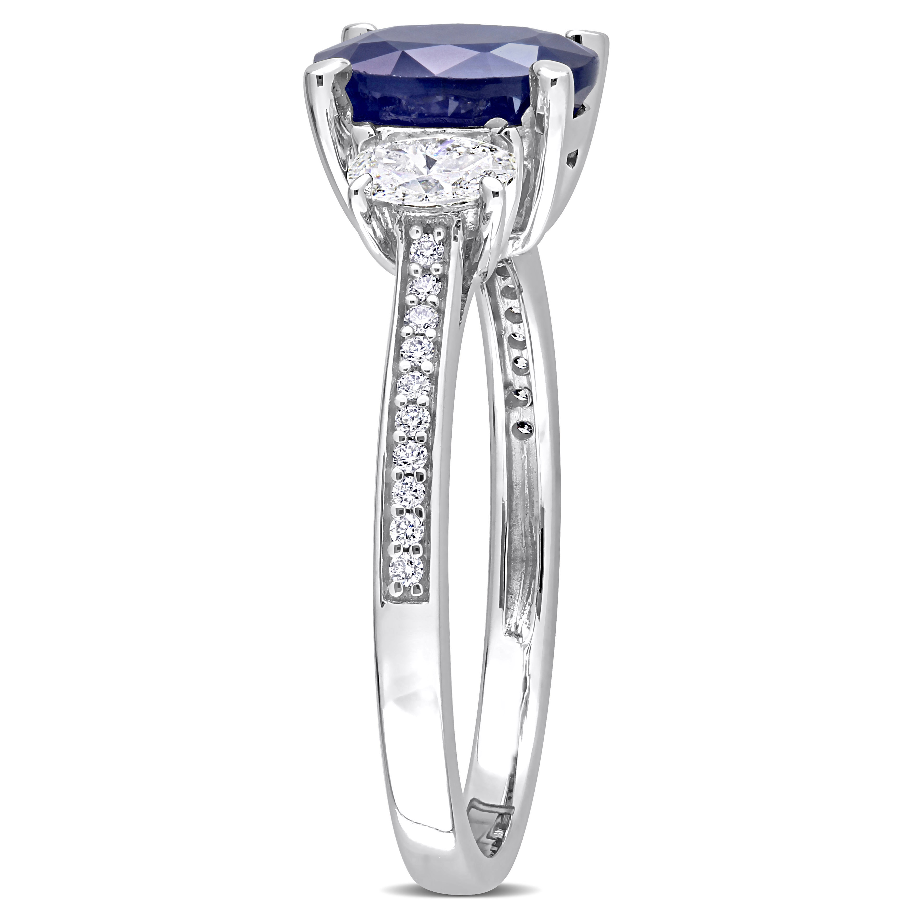 2 1/2 CT TGW Oval Cut Sapphire and 5/8 CT Oval and Round Cut Diamond 3-Stone Ring in 14k White Gold