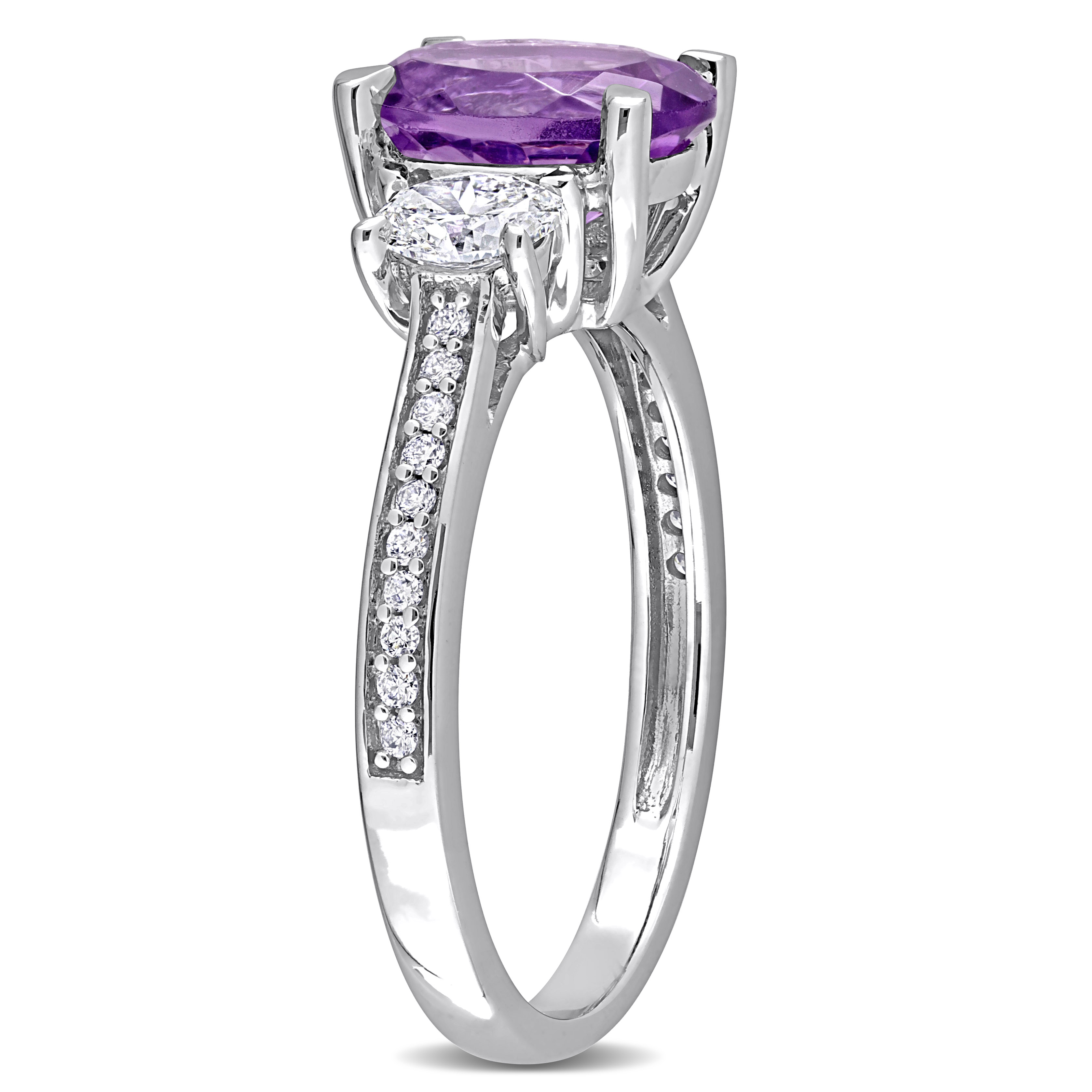 Oval Cut Amethyst and 5/8 CT Oval and Round Cut Diamond 3-Stone Ring in 14k White Gold