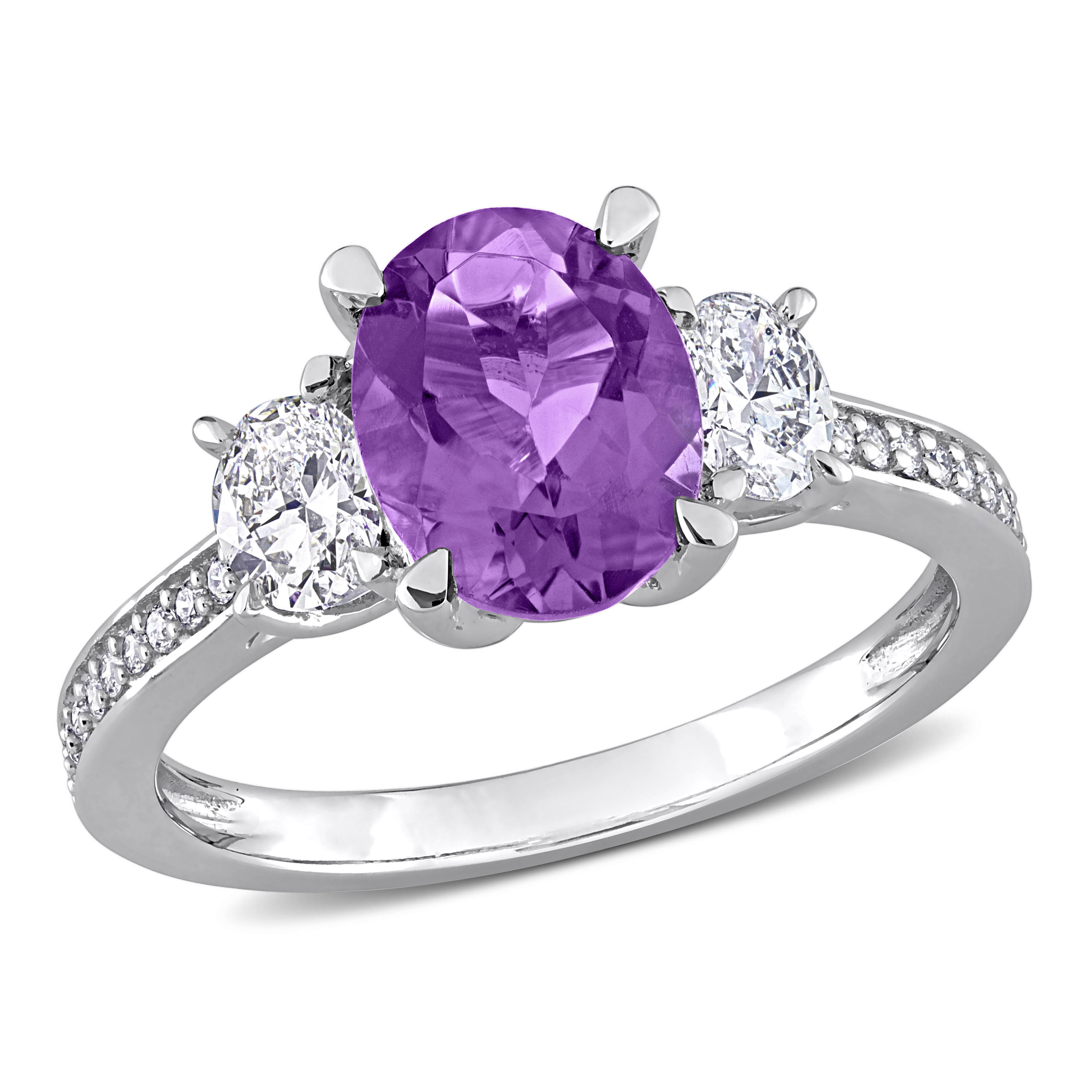 Oval Cut Amethyst and 5/8 CT Oval and Round Cut Diamond 3-Stone Ring in 14k White Gold