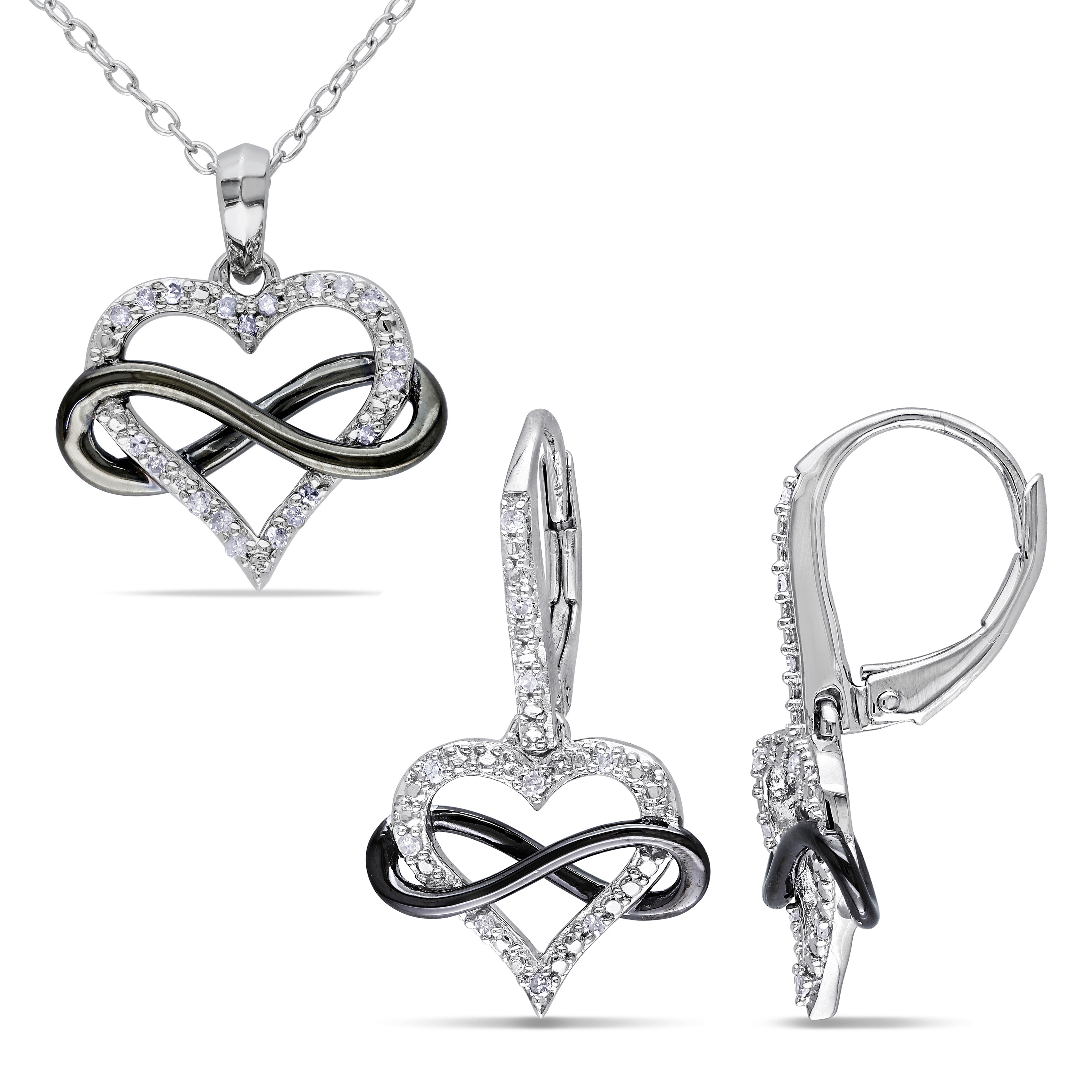 1/5 CT TW Diamond Heart Infinity Pendant with Chain and Leverback Earrings in Sterling Silver with Black Rhodium - 18 in