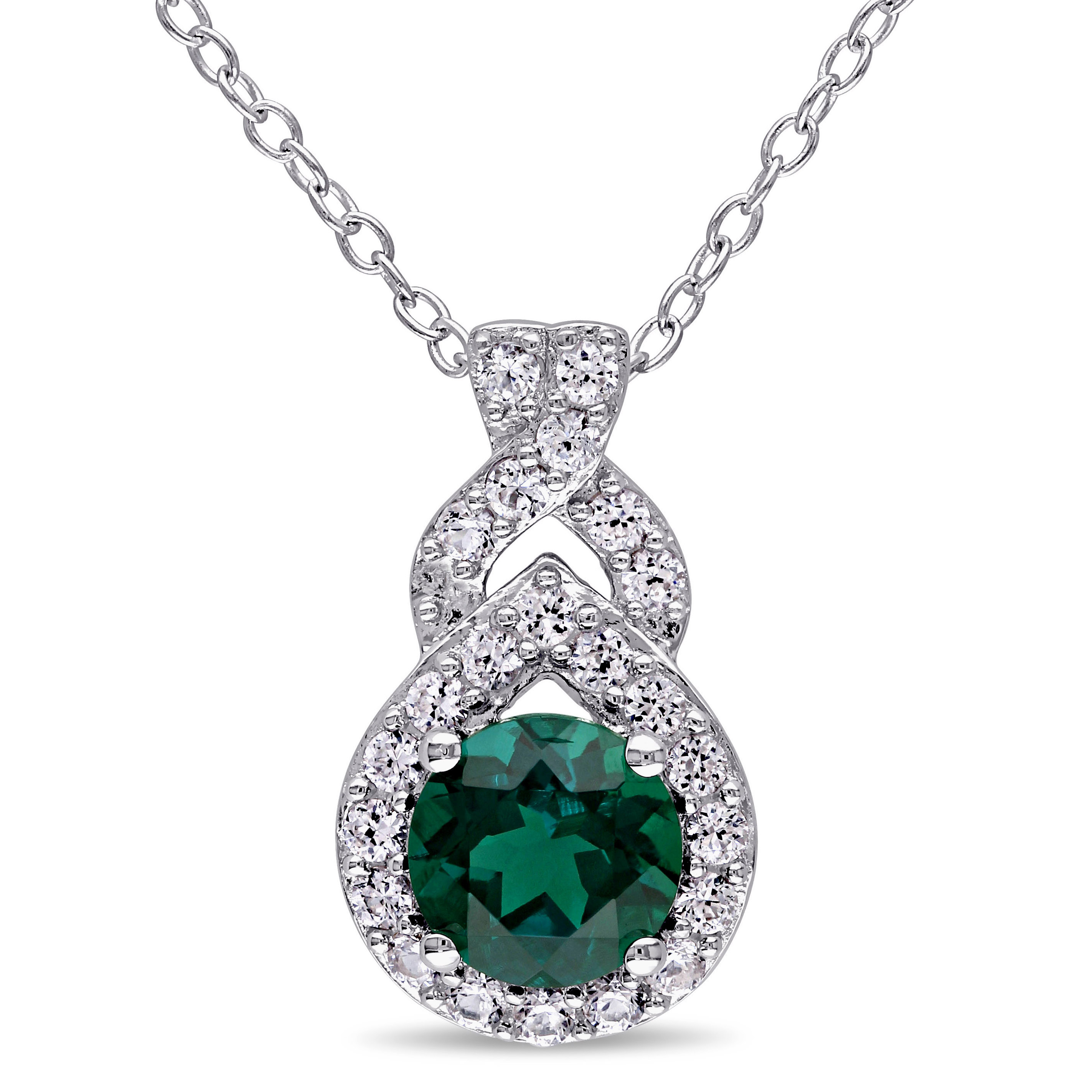 Created White Sapphire and Created Emerald Teardrop Halo Pendant with Chain in Sterling Silver