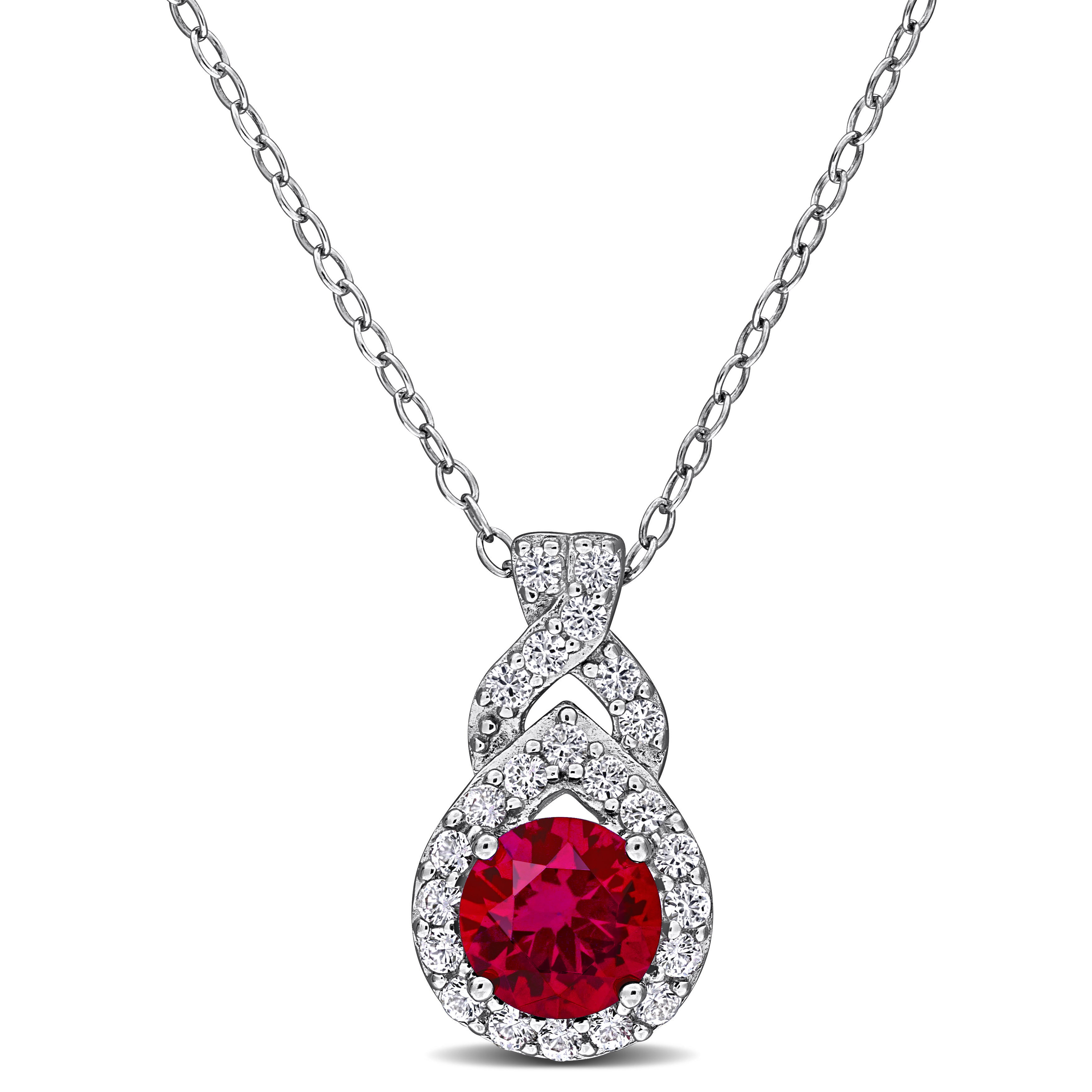 Created White Sapphire and Created Ruby Teardrop Halo Pendant with Chain in Sterling Silver