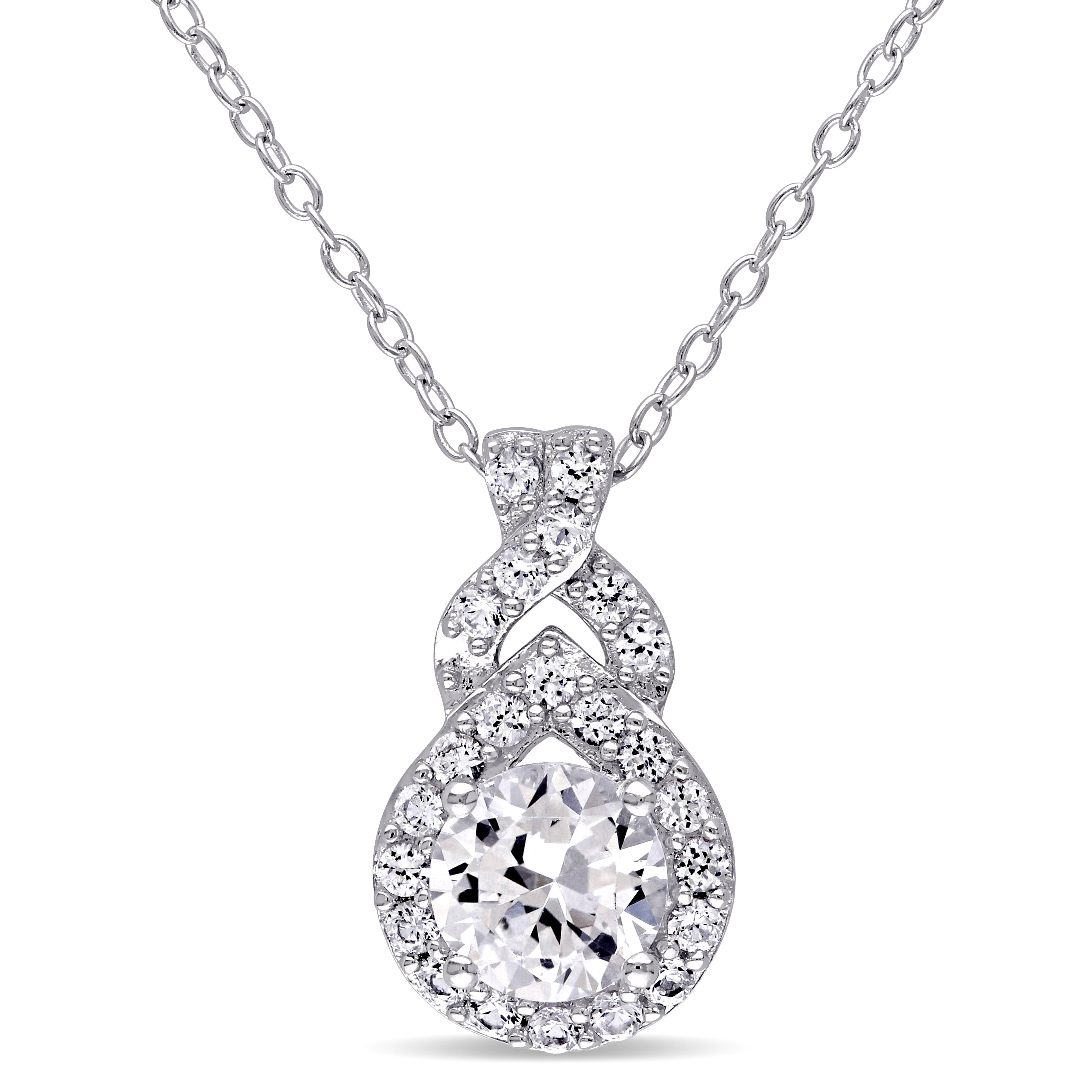 Created White Sapphire Teardrop Halo Pendant with Chain in Sterling Silver