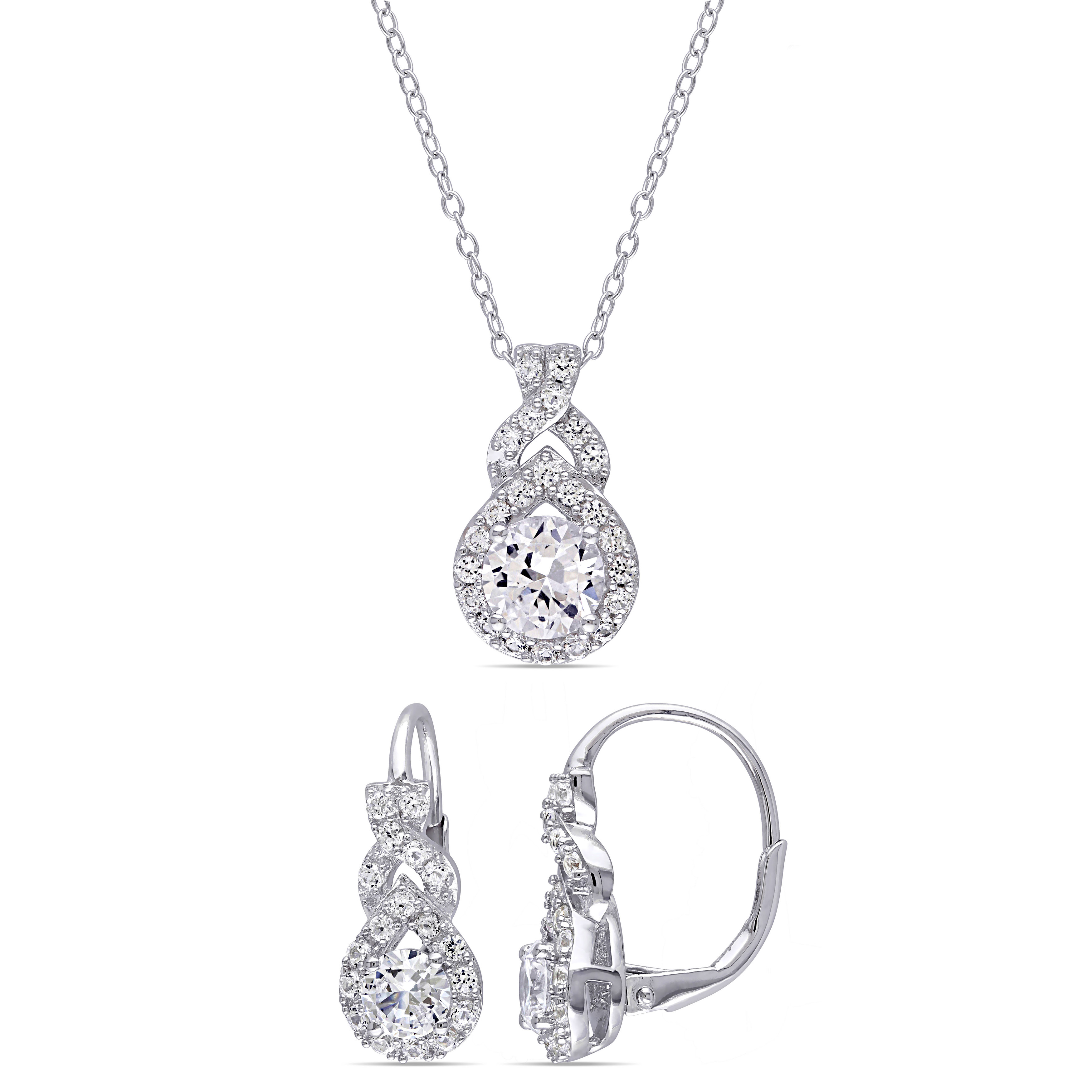 3 4/5 CT TGW Created White Sapphire Halo Leverback Earrings and Pendant with Chain 2-Piece Set in Sterling Silver