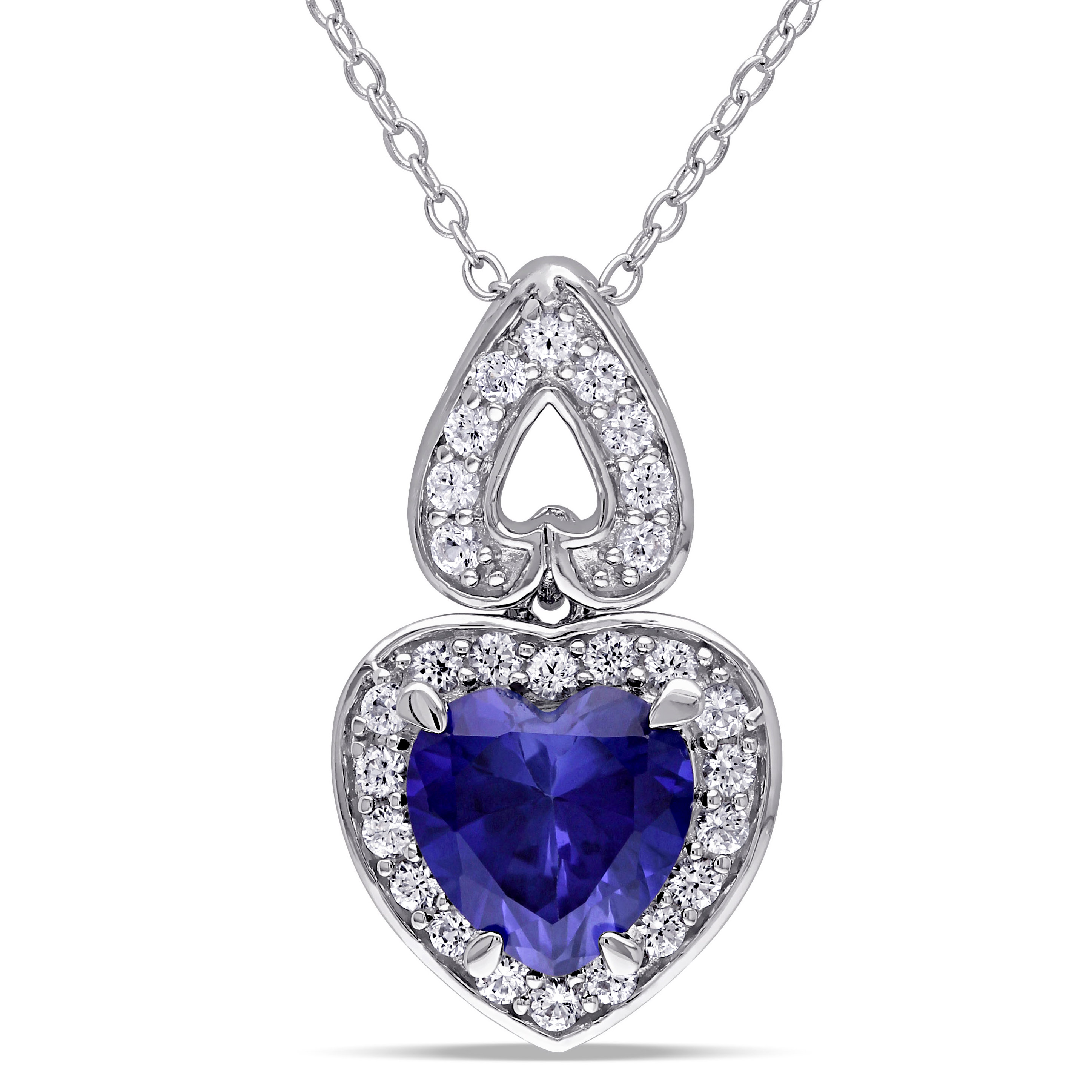 3 1/10 CT TGW Created Blue and Created White Sapphire Heart Halo Pendant with Chain in Sterling Silver