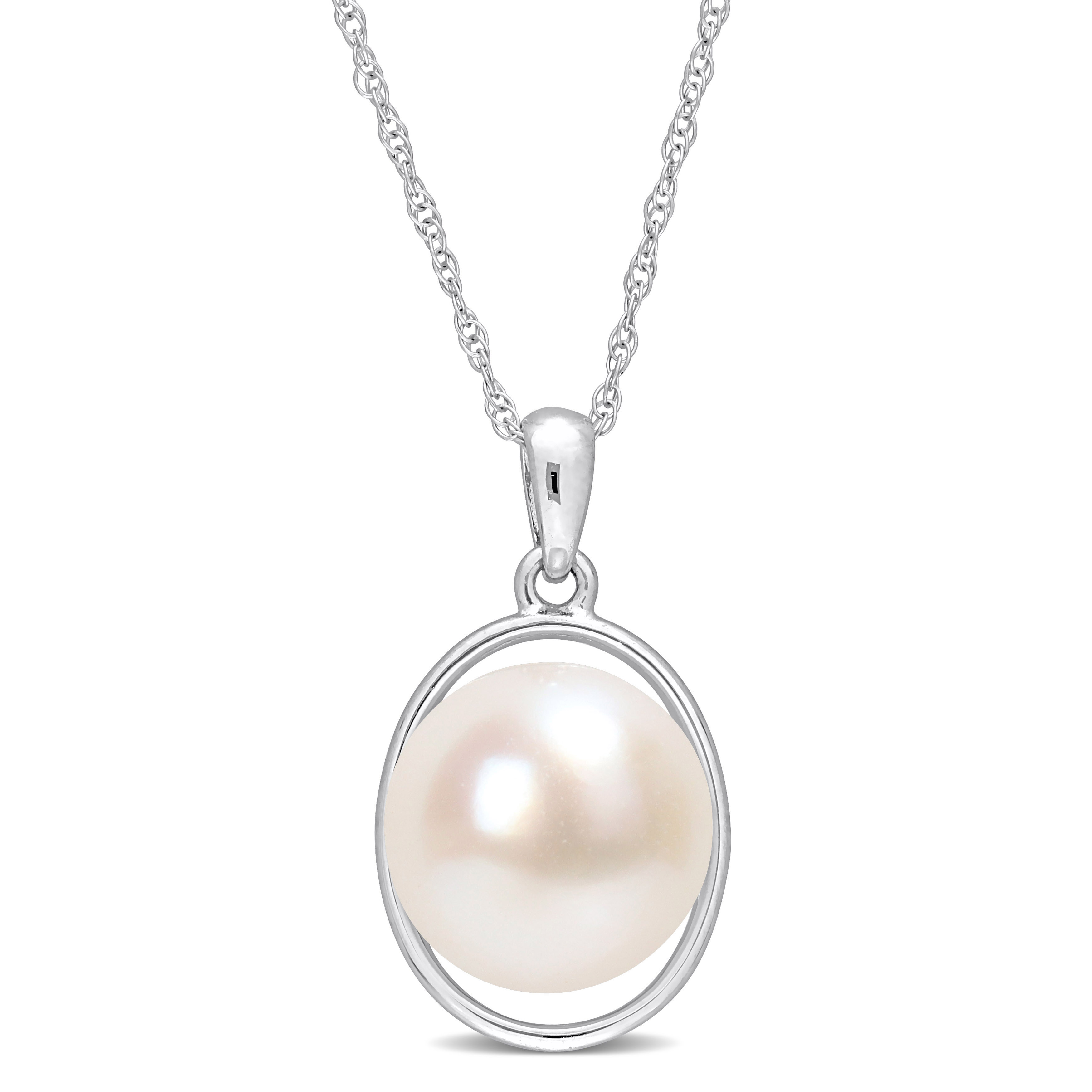 9.5-10 MM Freshwater Cultured Pearl Oval Pendant with Chain in 10k White Gold