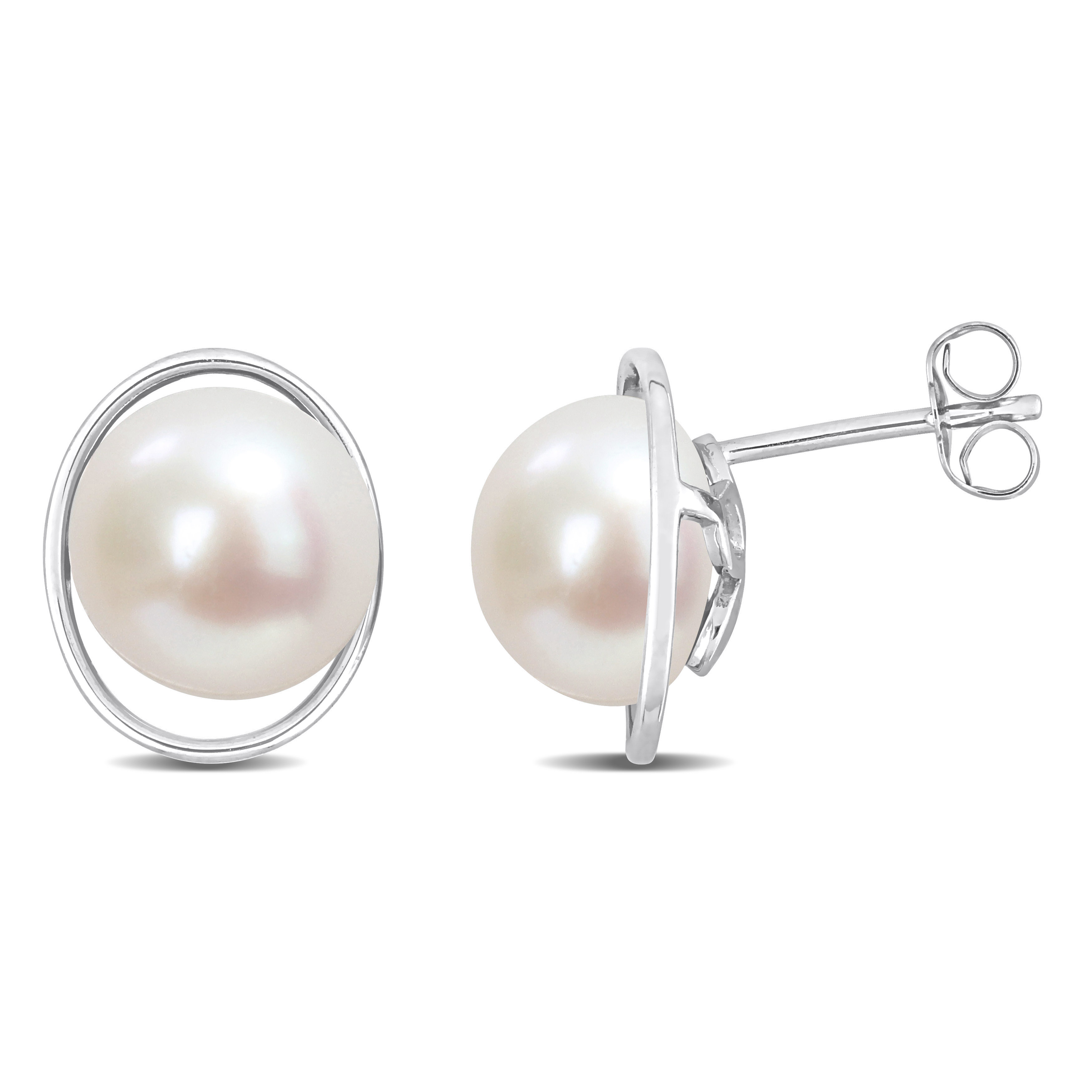 9.5 - 10 MM Cultured Freshwater Pearl Circle Stud Earrings in 10k White Gold