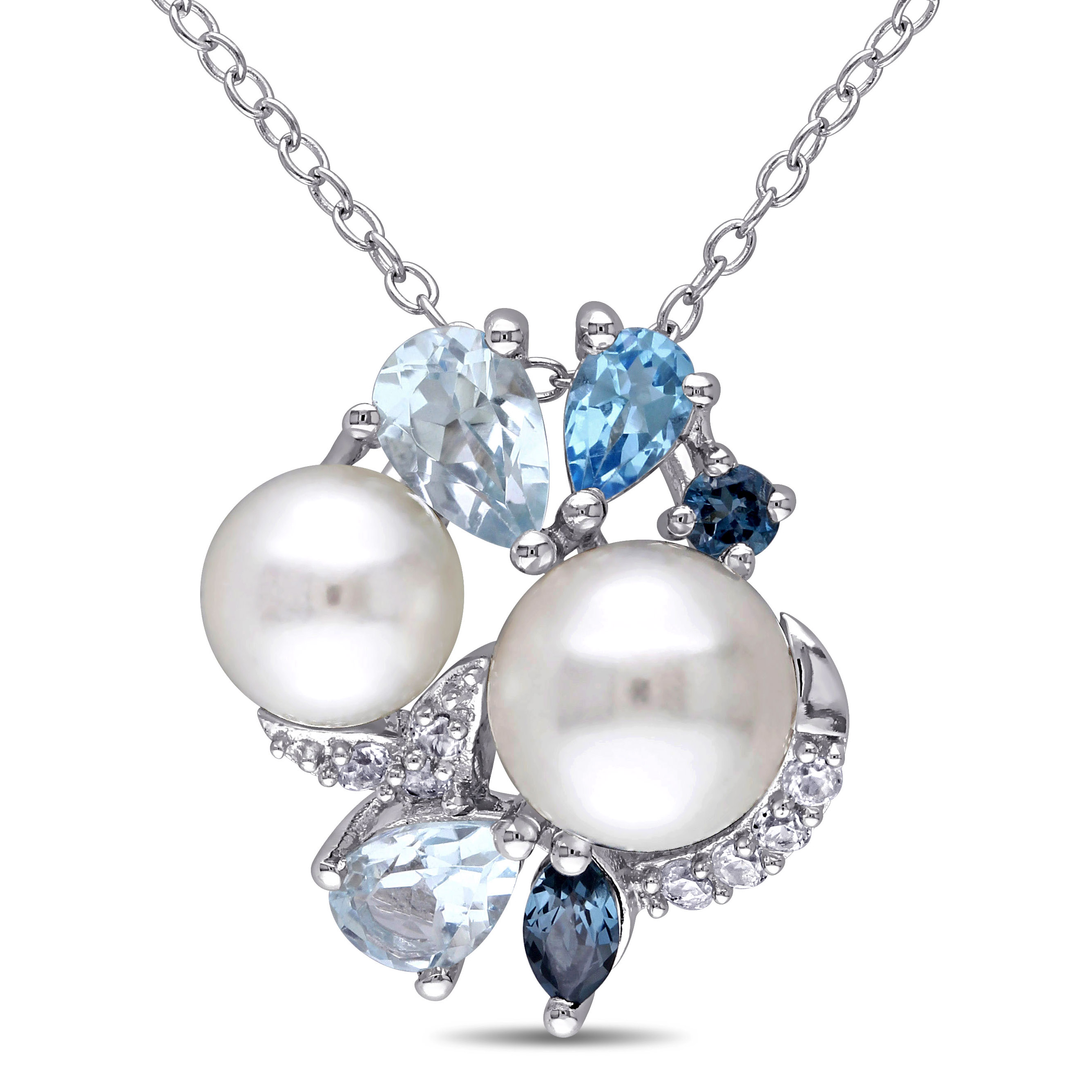 London, Swiss and Sky Blue Topaz and Created White Sapphire and White Cultured Freshwater Pearl Cluster Pendant with Chain in Sterling Silver
