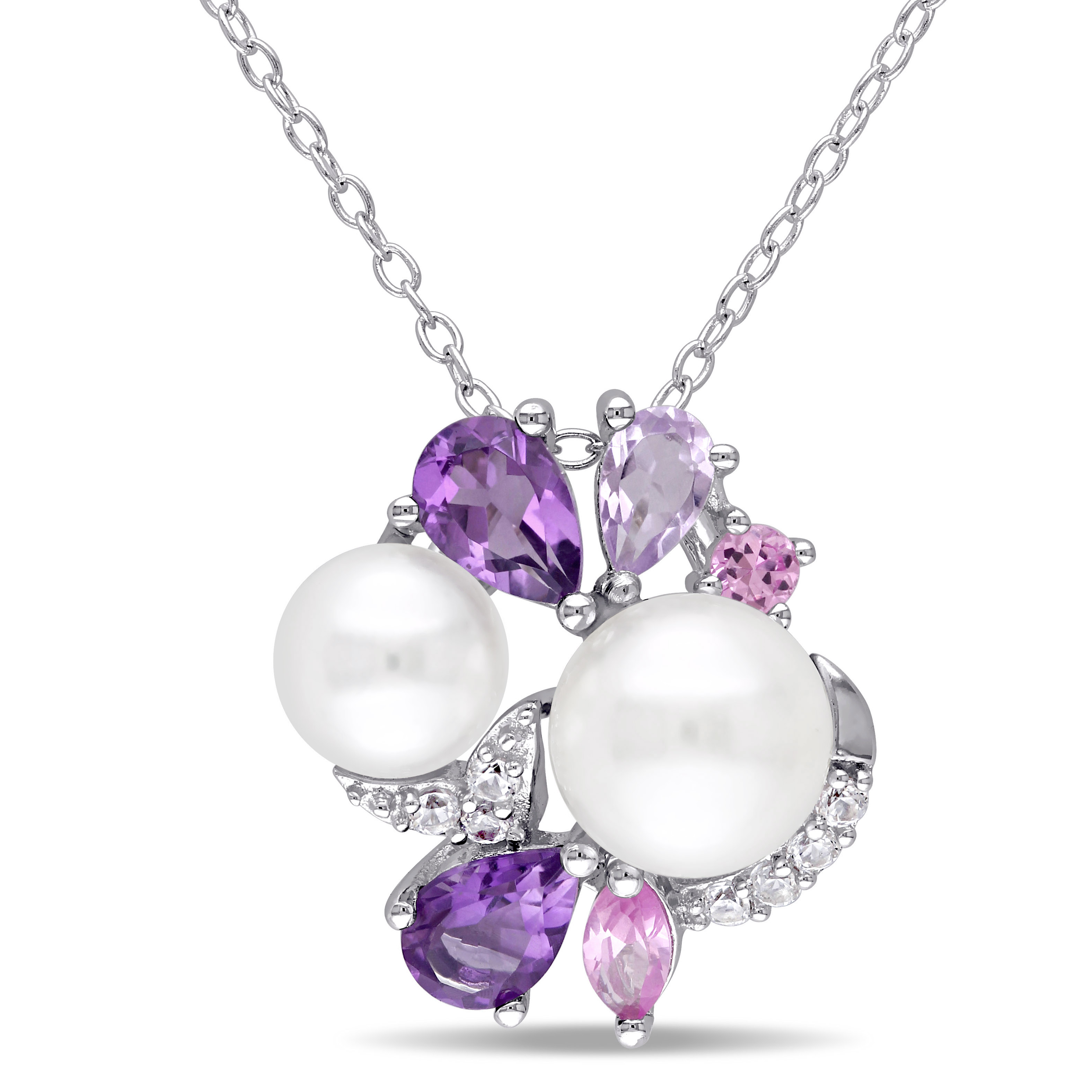 Amethyst, Rose de France, Created Pink and Created White Sapphire and White Cultured Freshwater Pearl Cluster Pendant with Chain in Sterling Silver