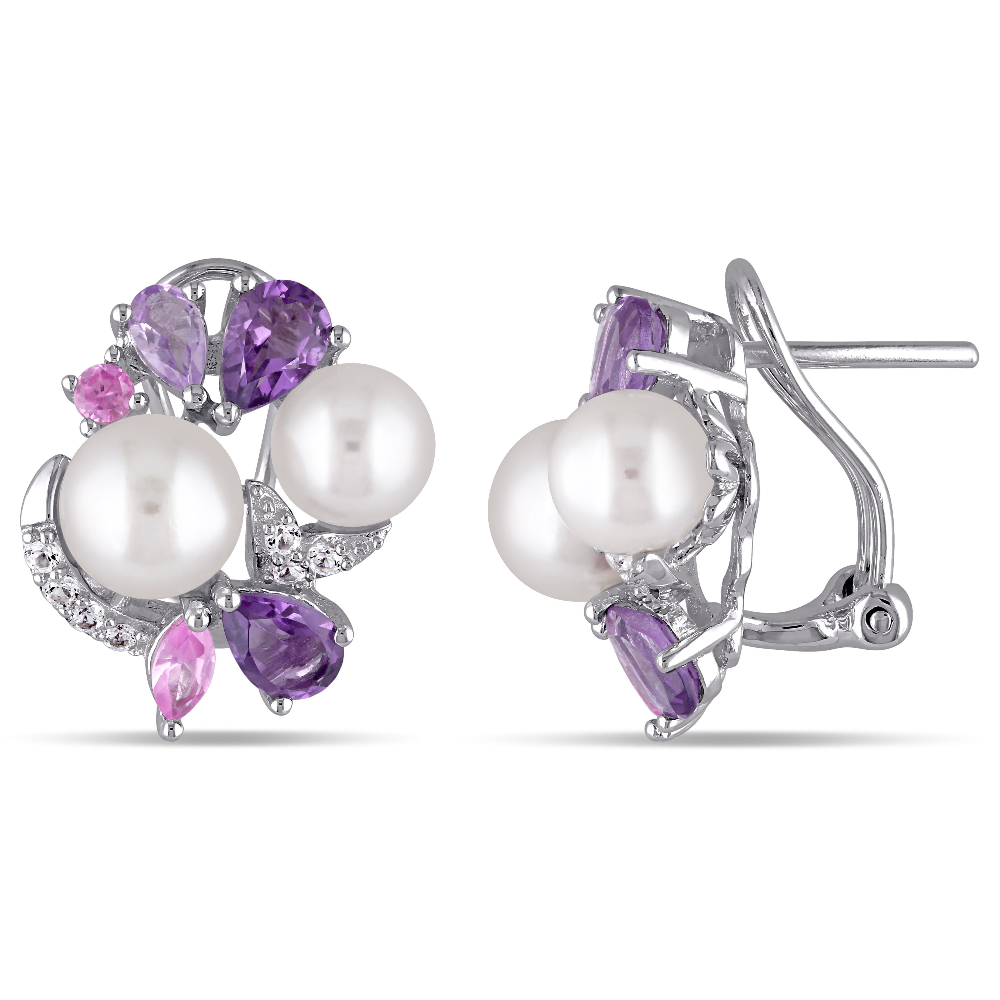 2 3/4 CT TGW Amethyst, Rose de France, Created Pink and Created White Sapphire and White Cultured Freshwater Pearl Cluster Earrings in Sterling Silver