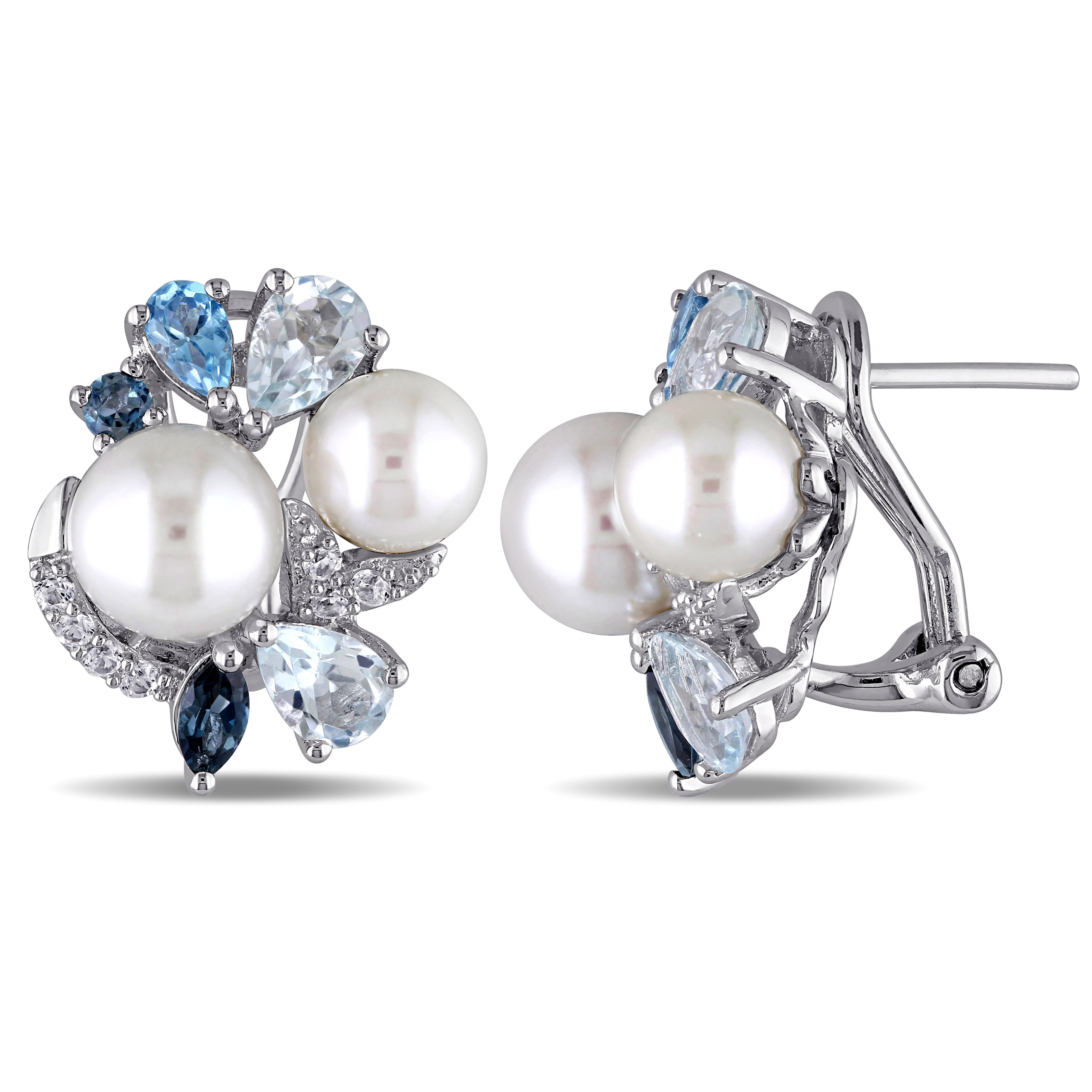 3 1/2 CT TGW Created White Sapphire, Multicolor BlueTopaz and White Cultured Freshwater Pearl Cluster Earrings in Sterling Silver