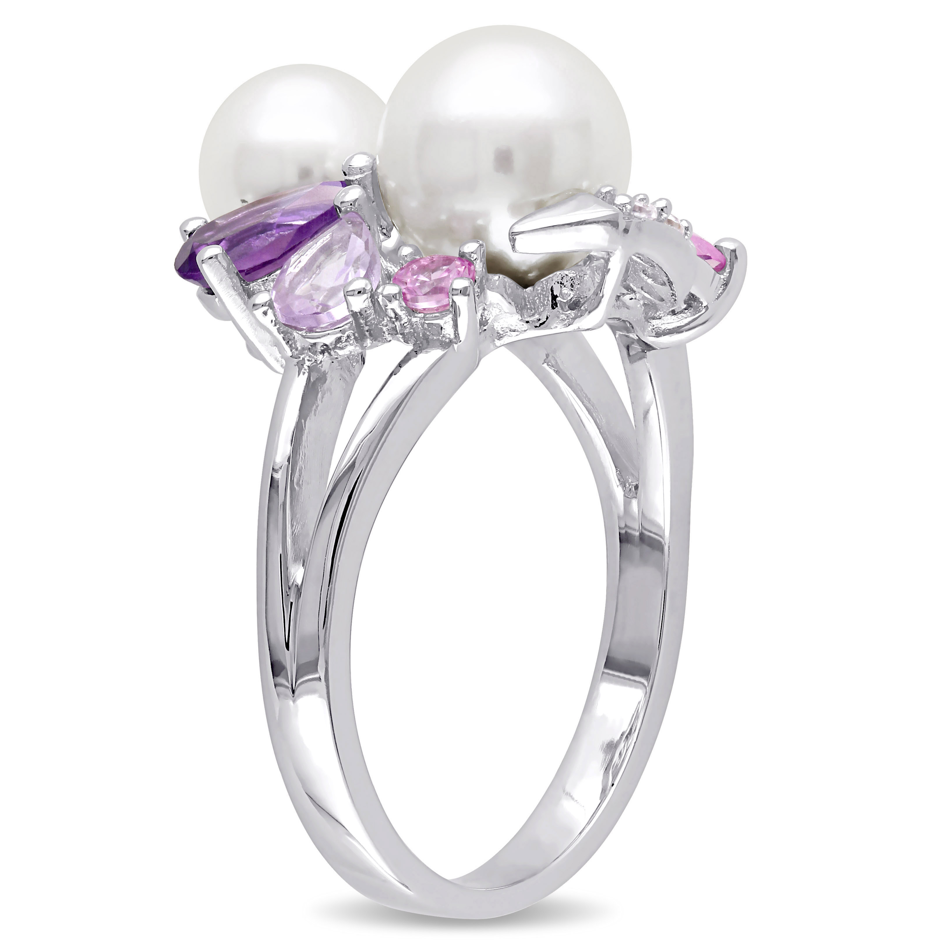 White Cultured Freshwater Pearl Ring with Amethyst, Created Pink and White Sapphire, and Rose de France in Sterling Silver