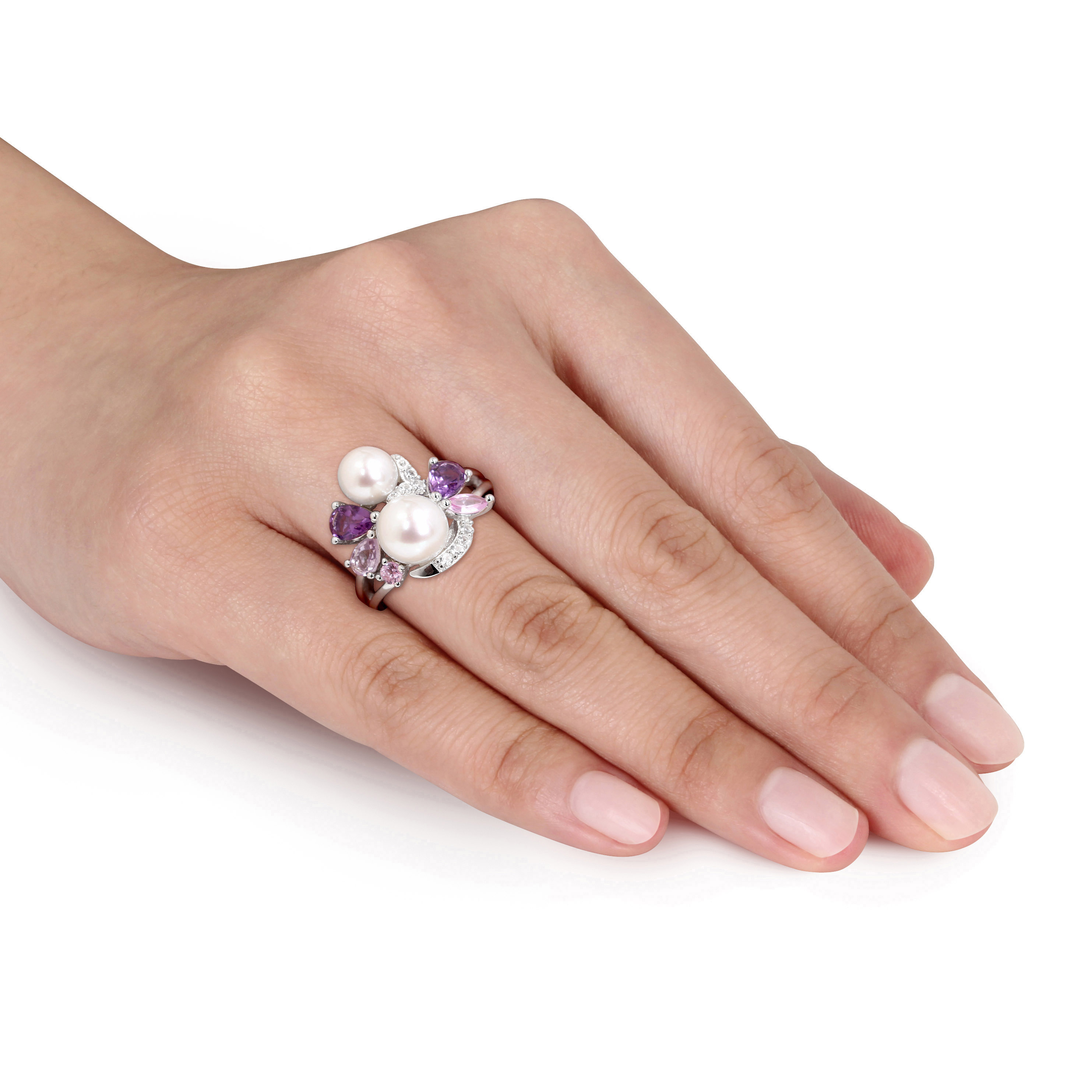 White Cultured Freshwater Pearl Ring with Amethyst, Created Pink and White Sapphire, and Rose de France in Sterling Silver