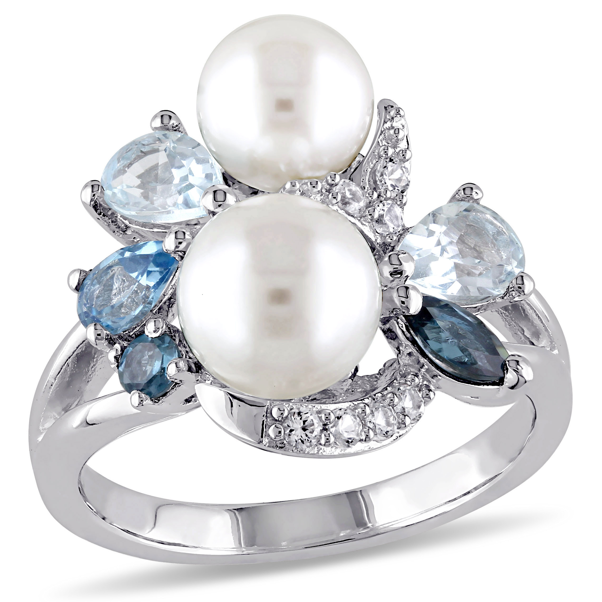 London, Swiss and Sky Blue Topaz and Created White Sapphire and White Cultured Freshwater Pearl Cluster Ring in Sterling Silver