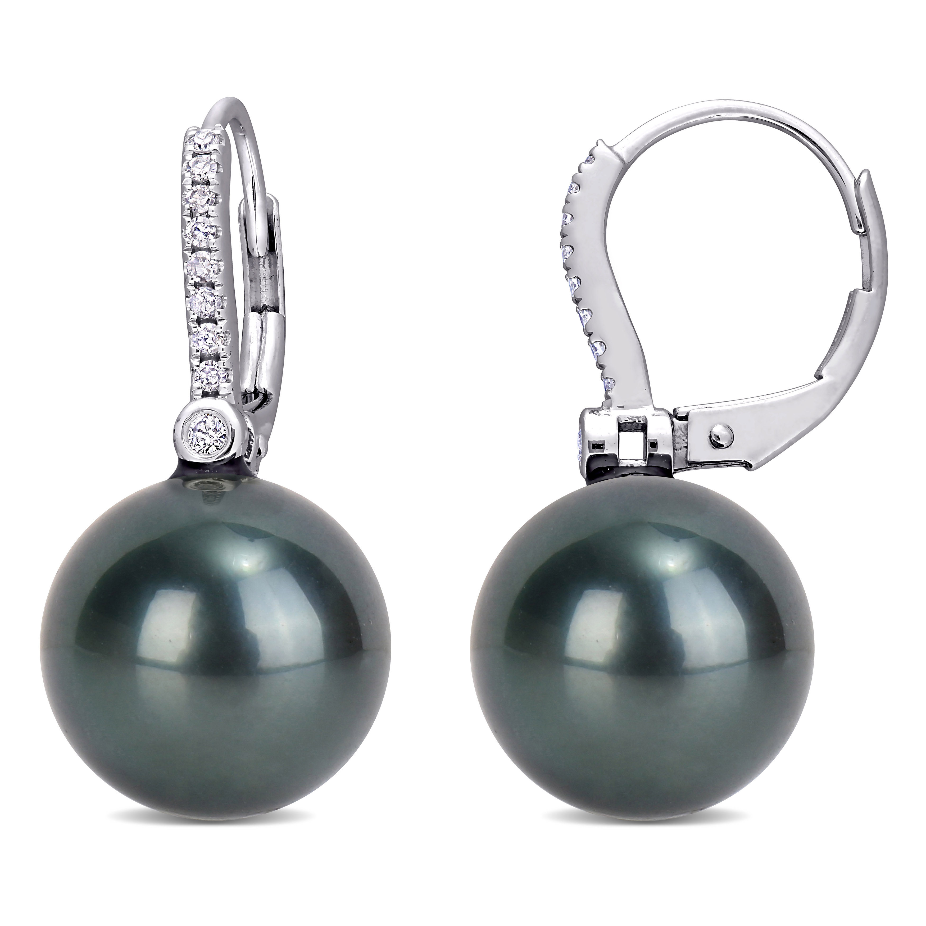 11 - 12 MM Black Tahitian Cultured Pearl and 1/8 CT TW Diamond Leverback Earrings in 10k White Gold
