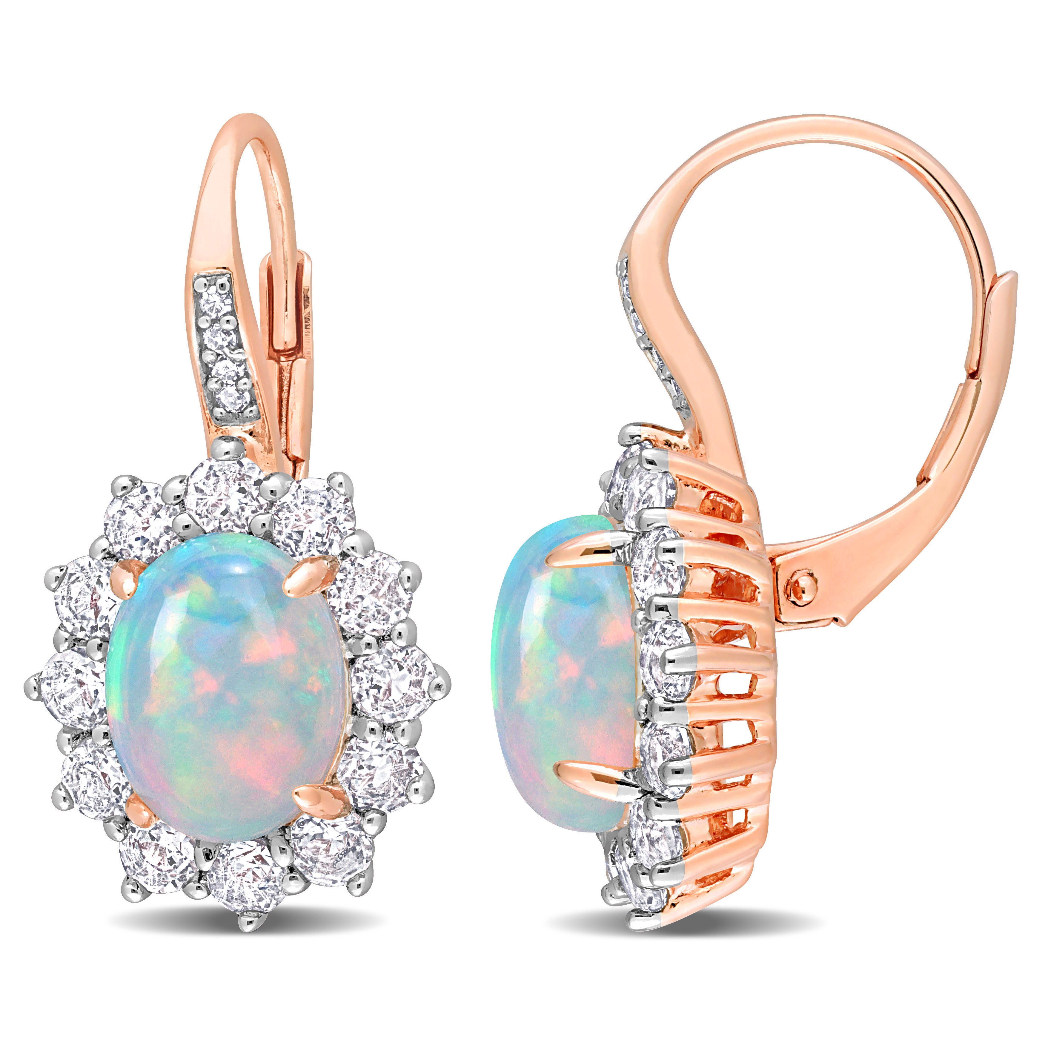 1 3/4 CT TGW Oval Shape Blue Ethiopian Opal and White Topaz and Diamond Accent Halo Leverback Earrings in Rose Plated Sterling Silver