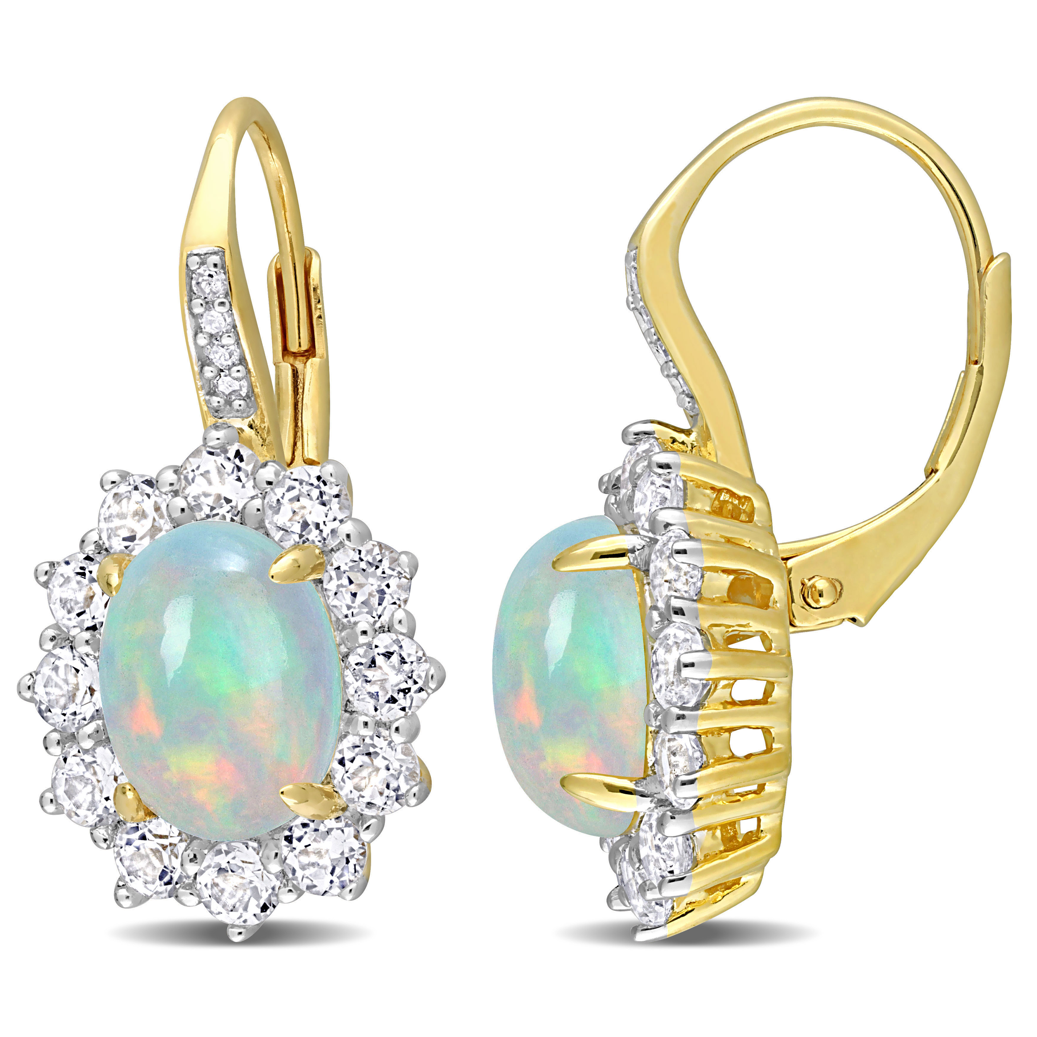 1 3/4 CT TGW Oval Shape Blue Ethiopian Opal and White Topaz and Diamond Accent Halo Leverback Earrings in Yellow Plated Sterling Silver