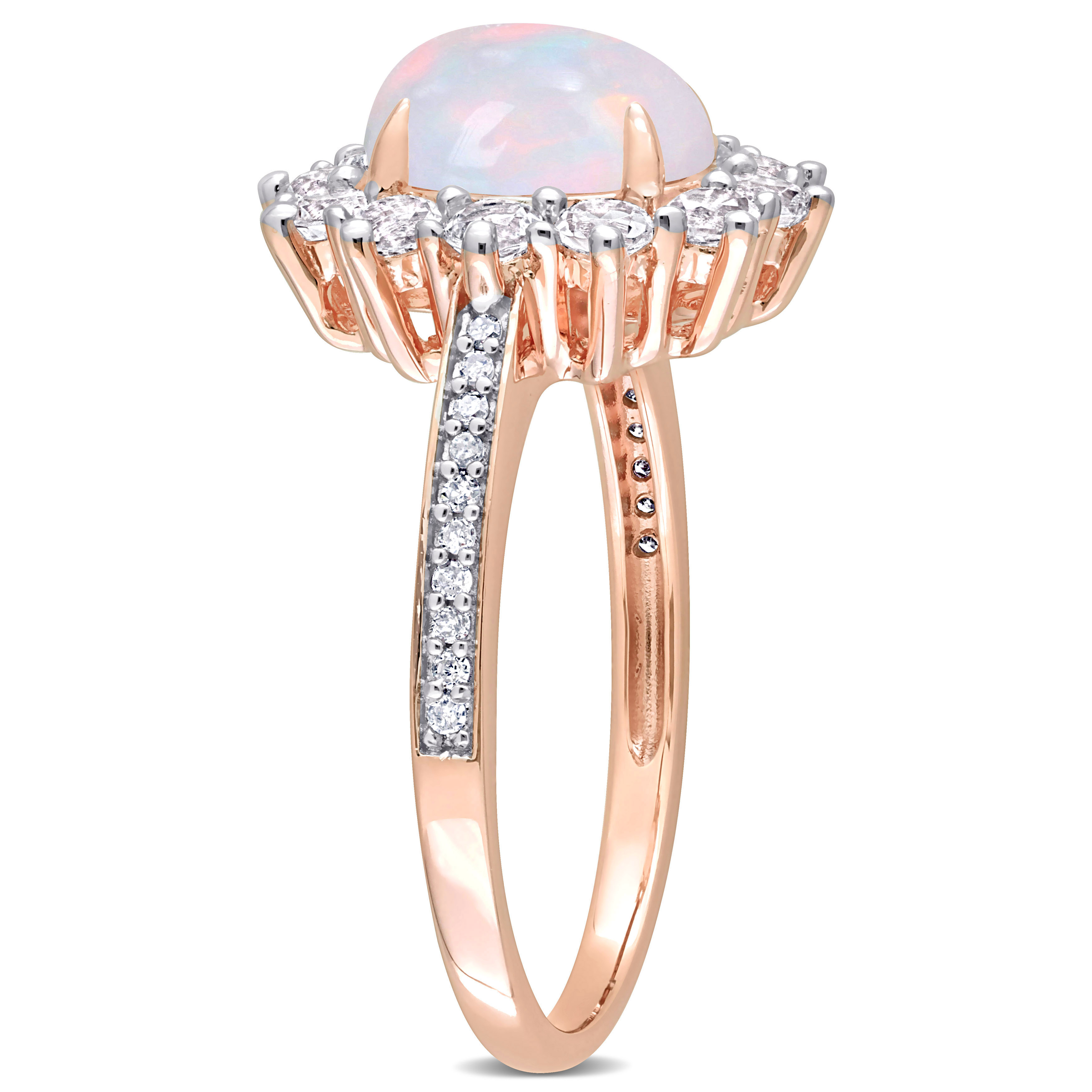 2 1/6 CT TGW Oval Shape Blue Ethiopian Opal and White Topaz and 1/10 CT TW Diamond Halo Ring in Rose Plated Sterling Silver