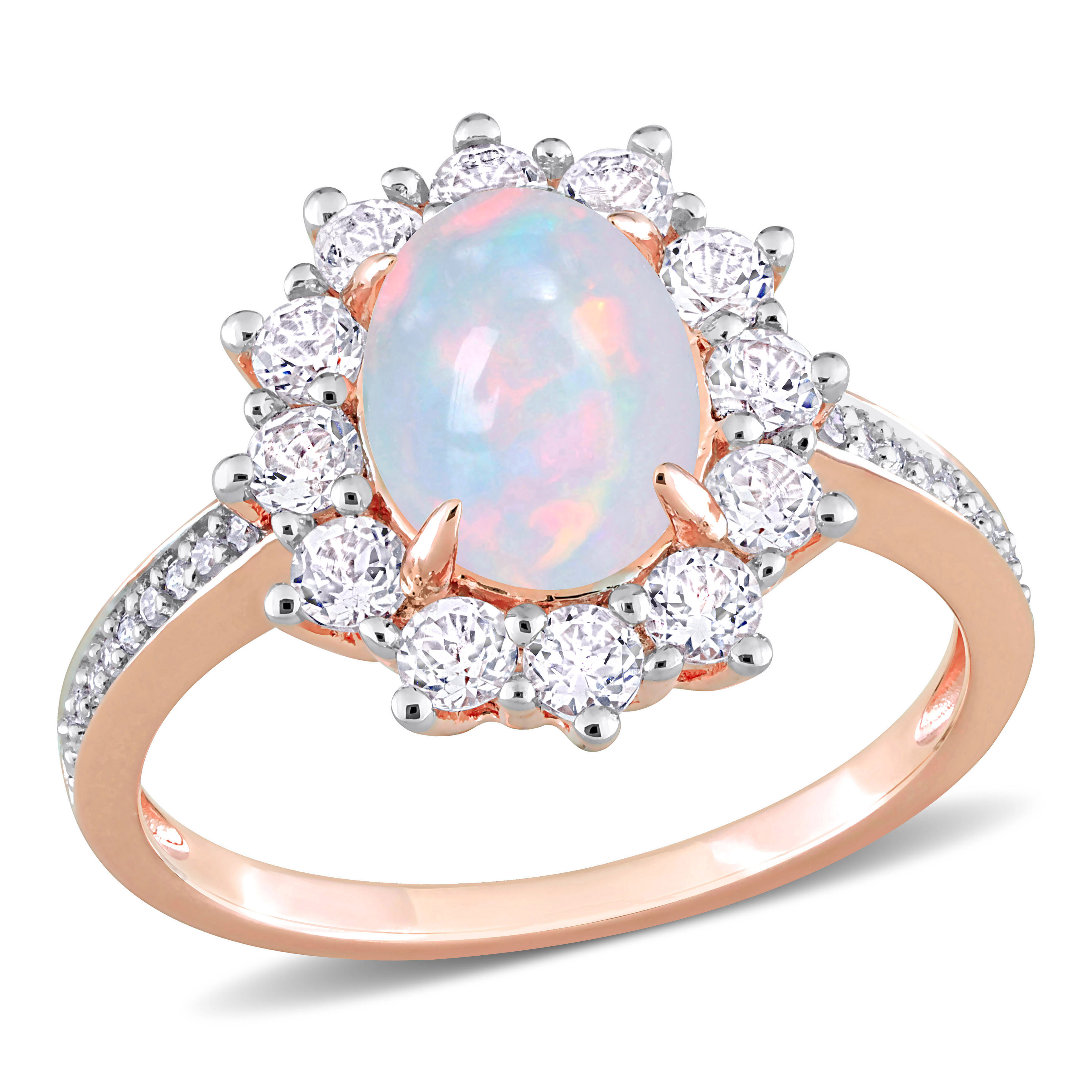 2 1/6 CT TGW Oval Shape Blue Ethiopian Opal and White Topaz and 1/10 CT TW Diamond Halo Ring in Rose Plated Sterling Silver