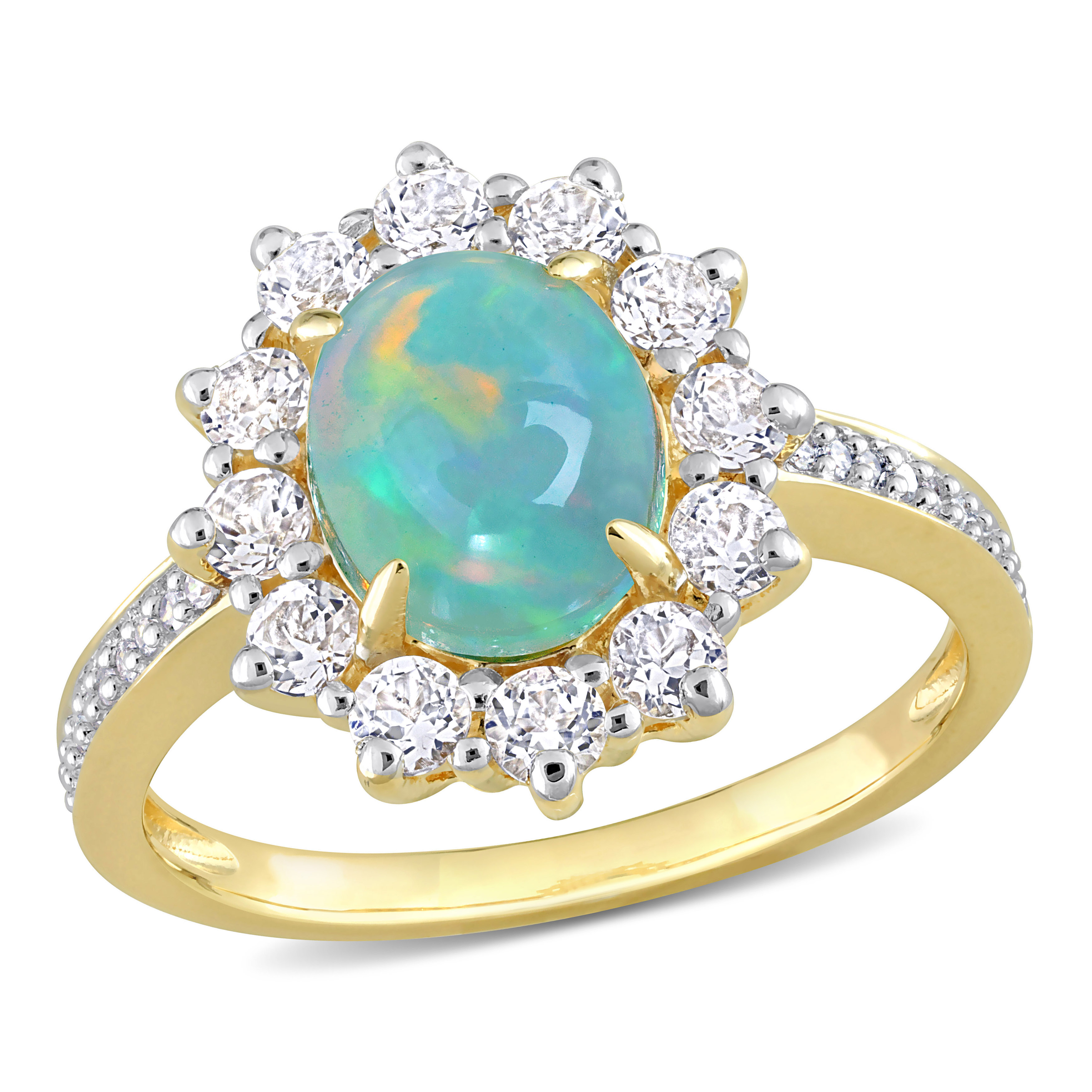 2 1/6 CT TGW Oval Shape Blue Ethiopian Opal and White Topaz and 1/10 CT TW Diamond Halo Ring in Yellow Plated Sterling Silver