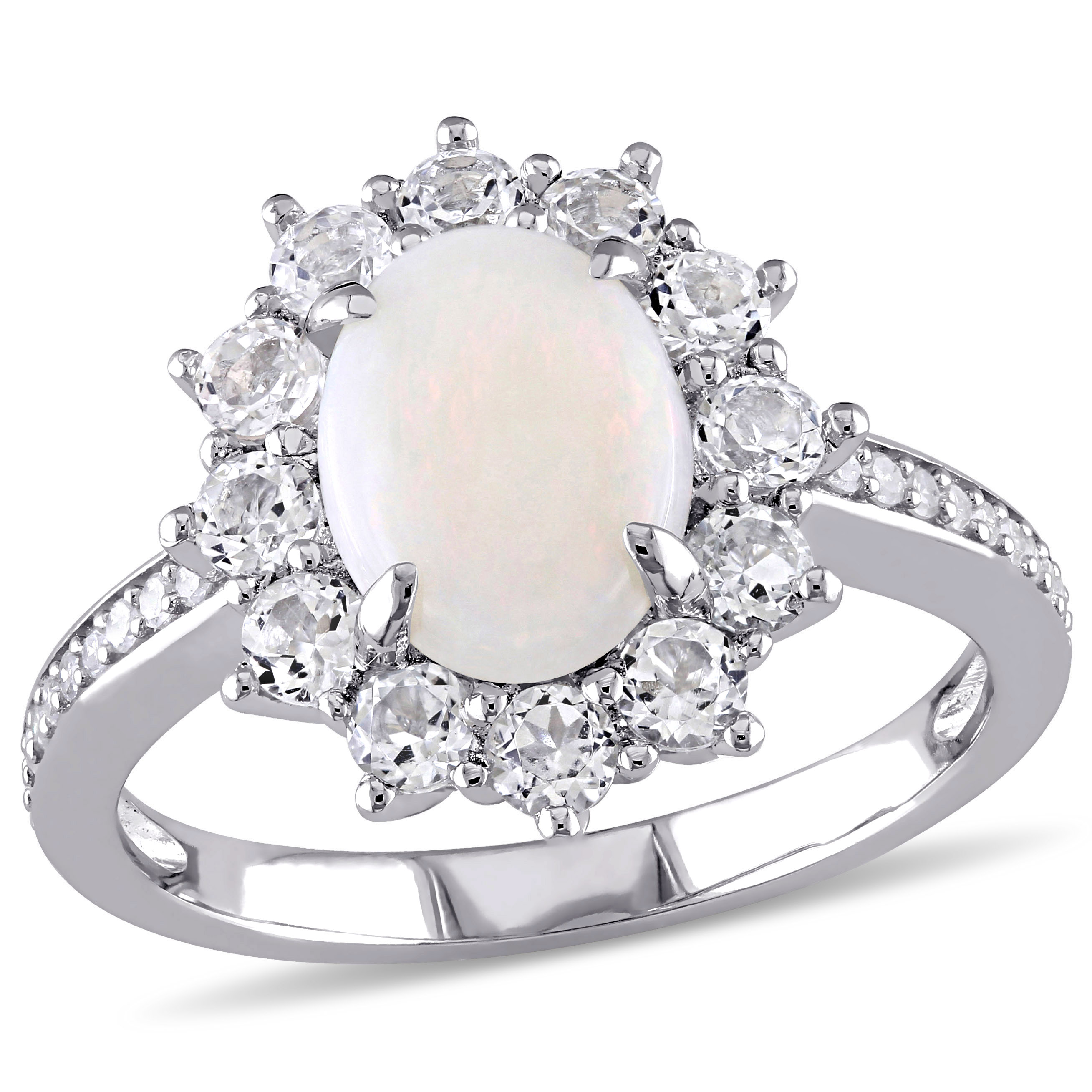 1/10 CT TDW Diamond and Oval Cut Opal and White Topaz Halo Ring in Sterling Silver