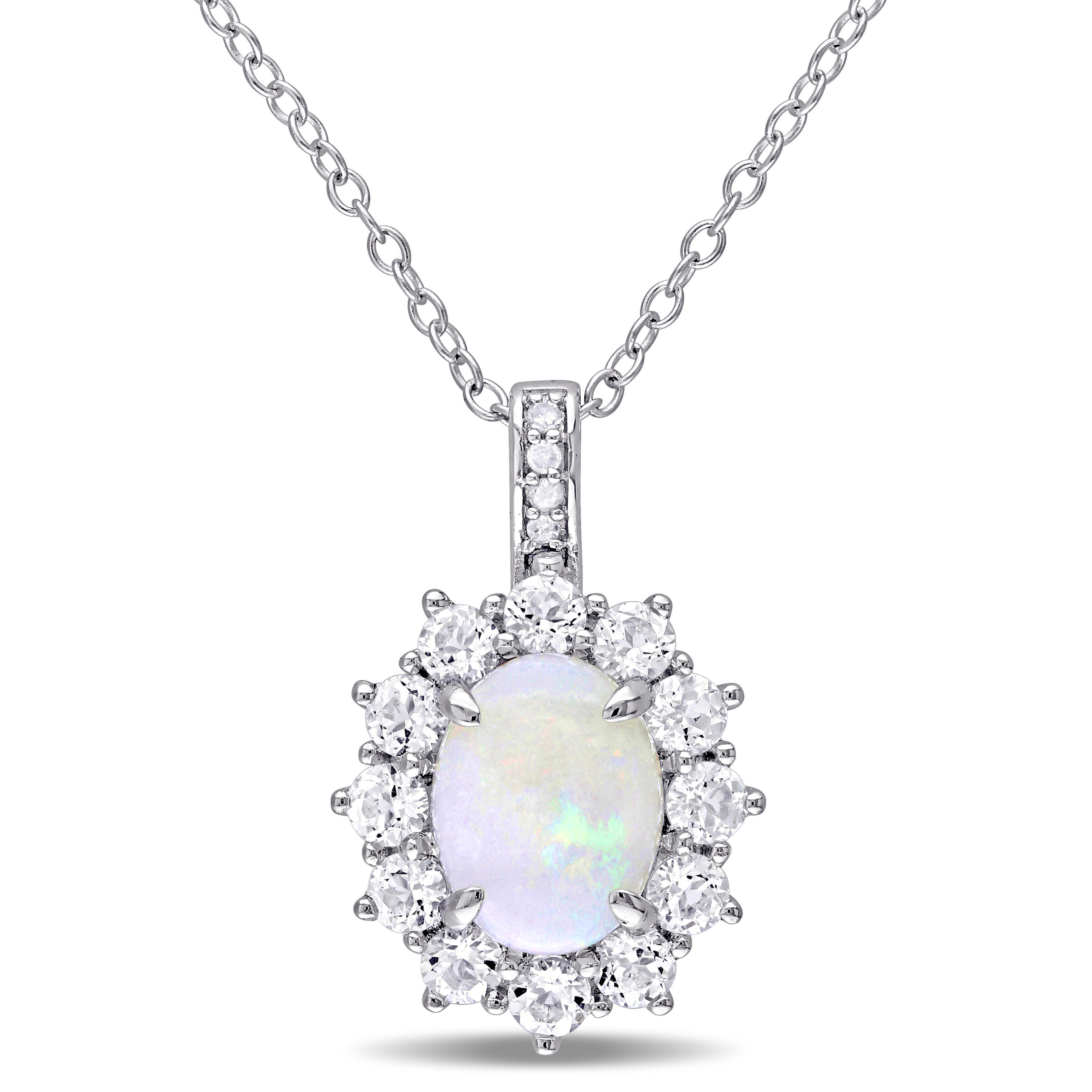 Opal, White Topaz and Diamond Halo Pendant with Chain in Sterling Silver - 18 in.