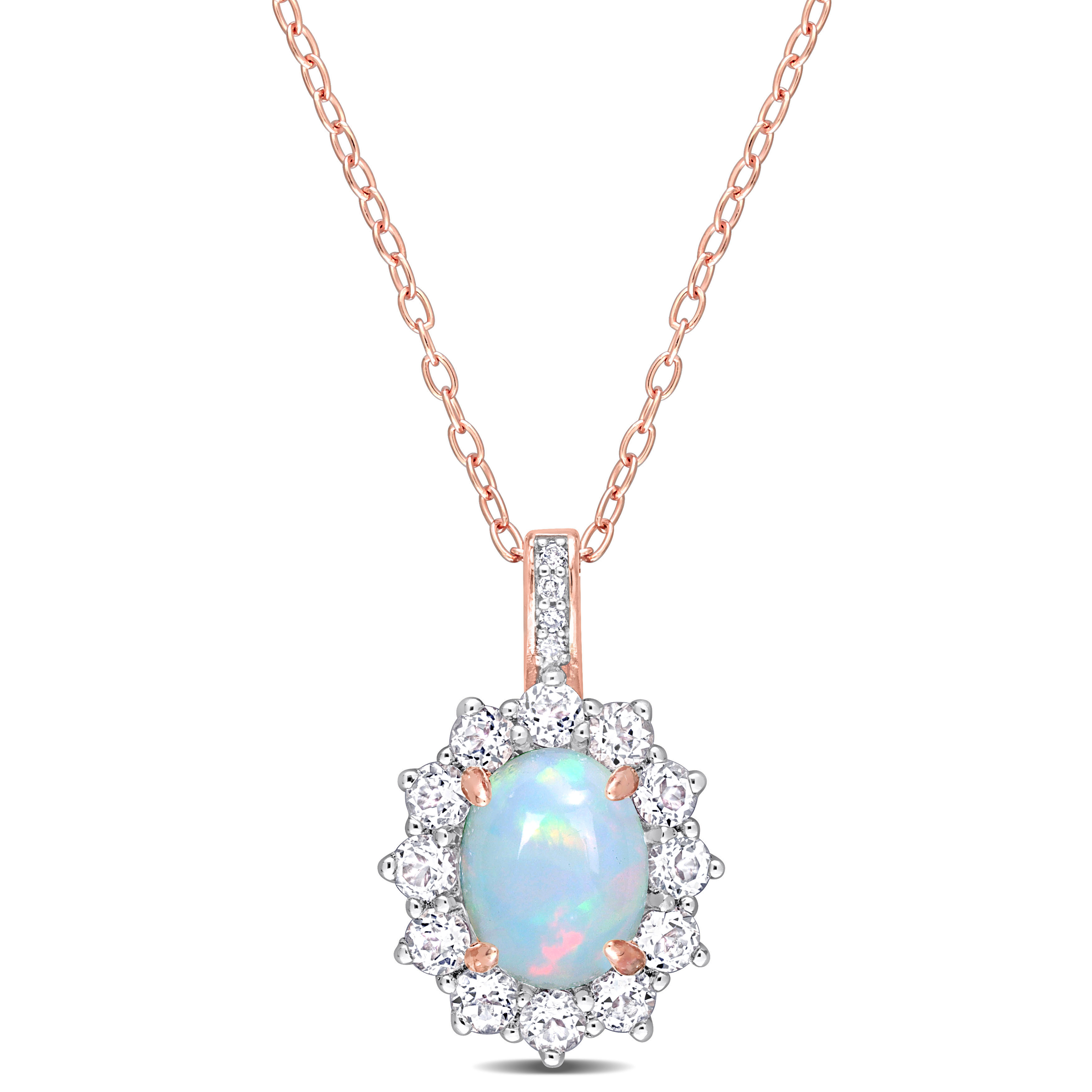 2 1/6 CT TGW Oval Shape Blue Ethiopian Opal and White Topaz and Diamond Accent Halo Pendant with Chain in Rose Plated Sterling Silver - 18 in.
