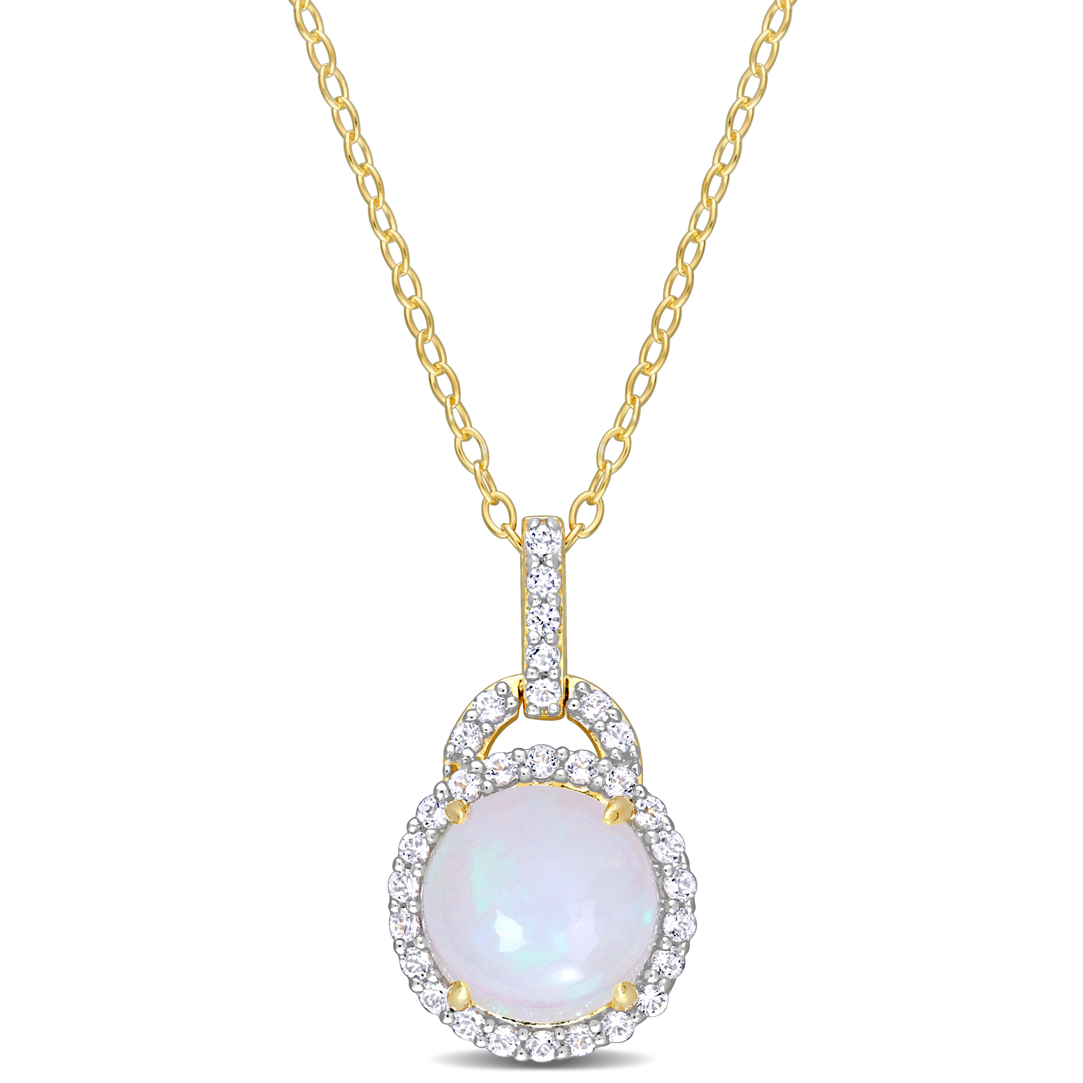 3 1/4 CT TGW Blue Ethiopian Opal and White Topaz Halo Pendant with Chain in Yellow Plated Sterling Silver - 18 in.