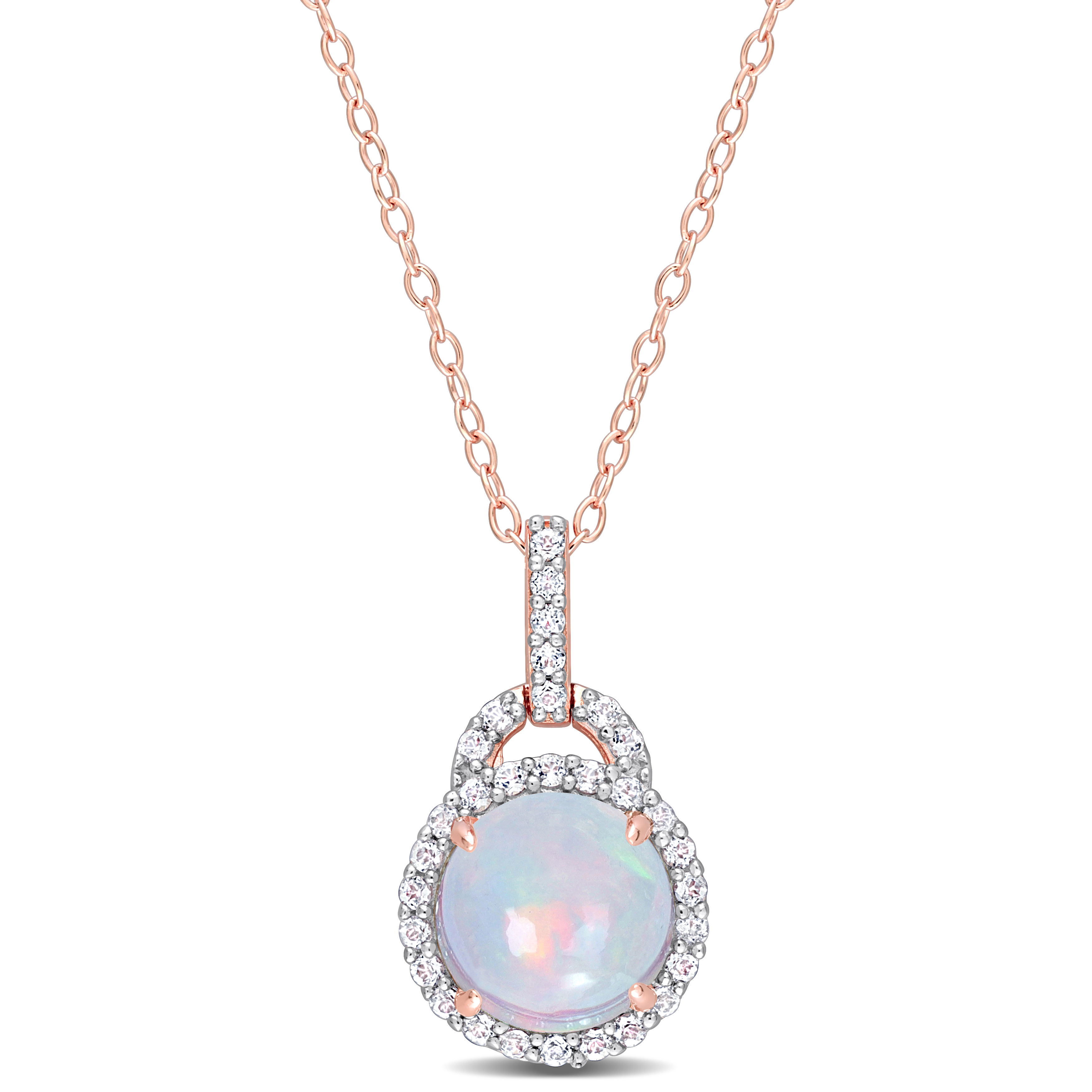 3 1/4 CT TGW Blue Ethiopian Opal and White Topaz Halo Pendant with Chain in Rose Plated Sterling Silver - 18 in.