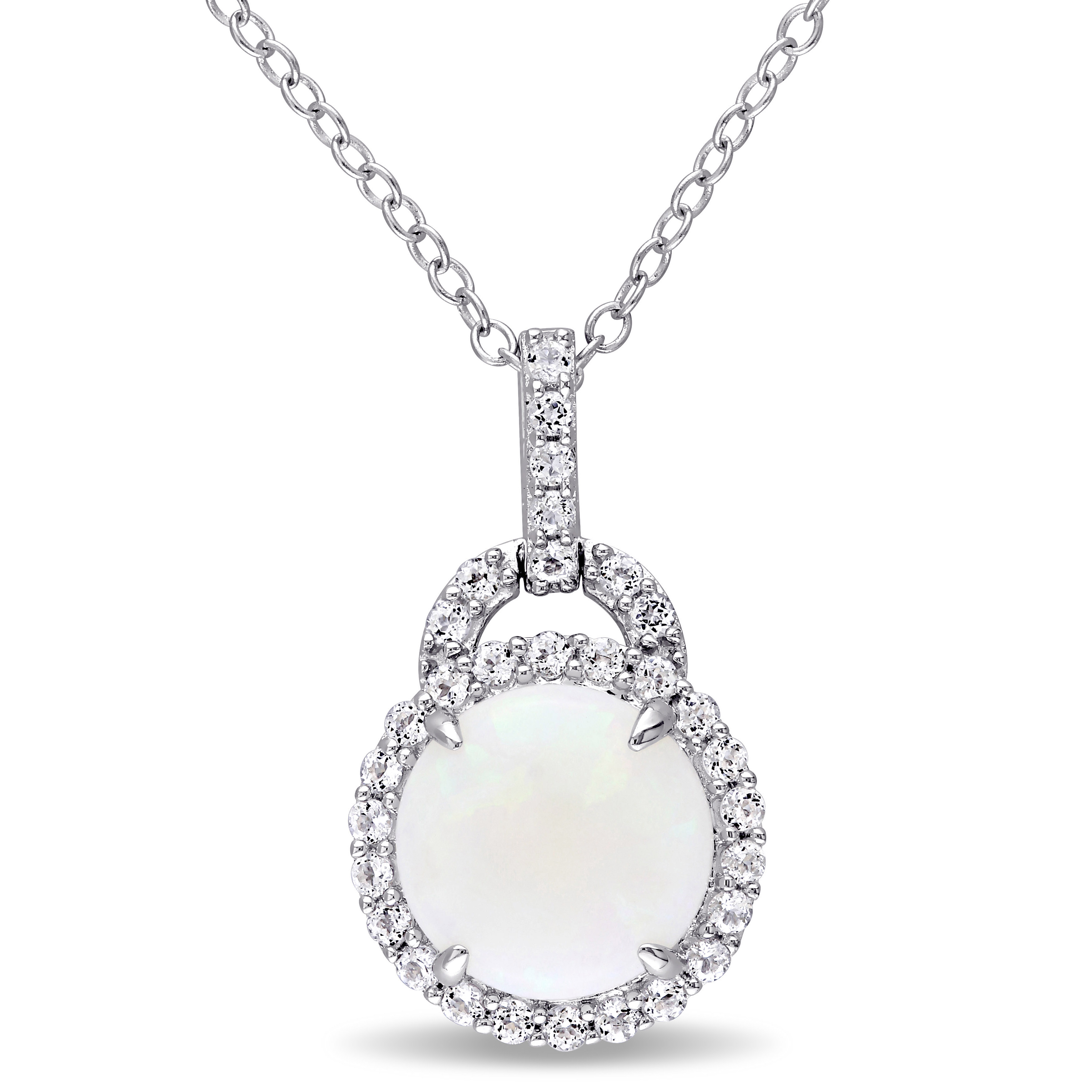 Opal and White Topaz Halo Charm Pendant with Chain in Sterling Silver