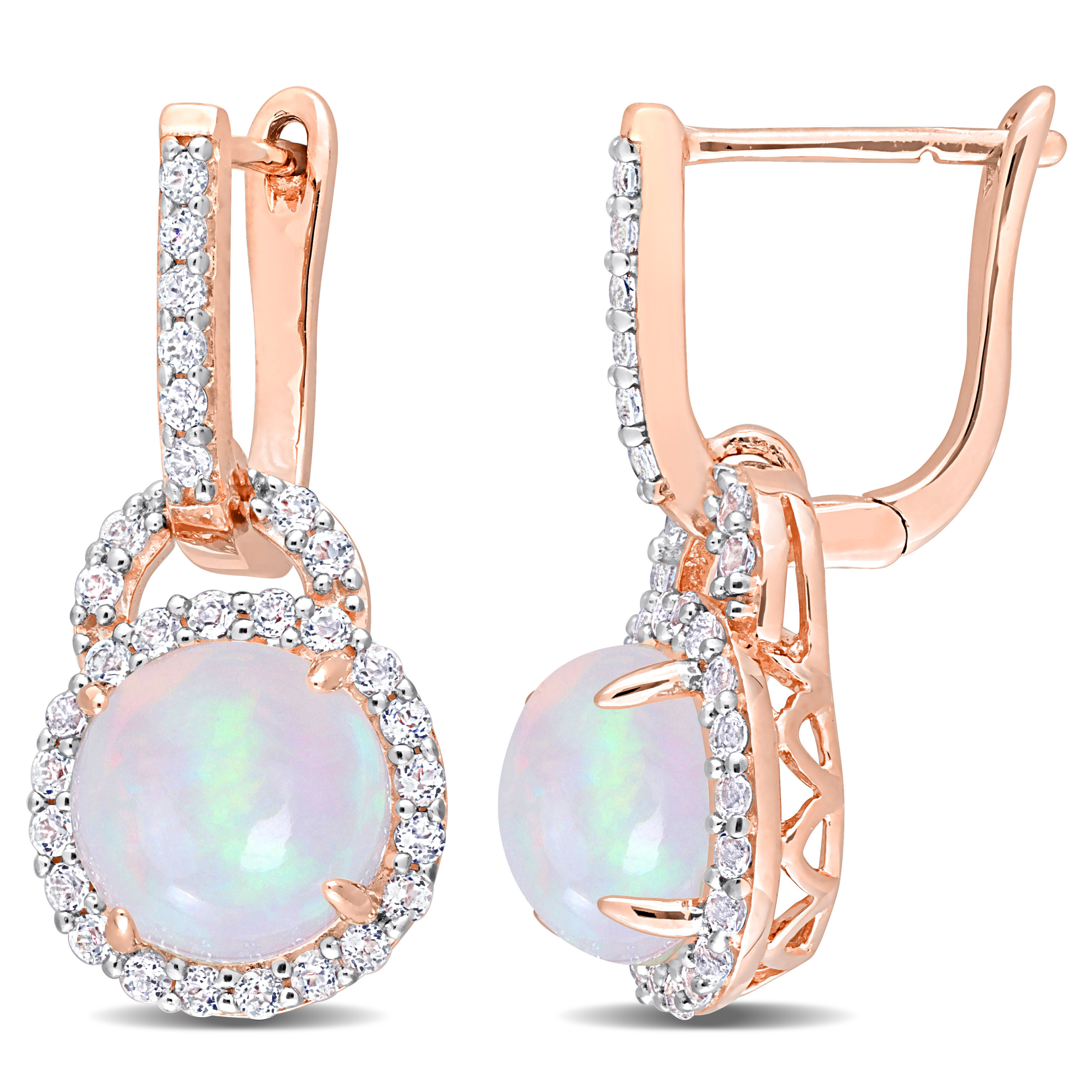 3 3/8 CT TGW Blue Ethiolian Opal and White Topaz Hoop Halo Charm Earrings in Rose Plated Sterling Silver