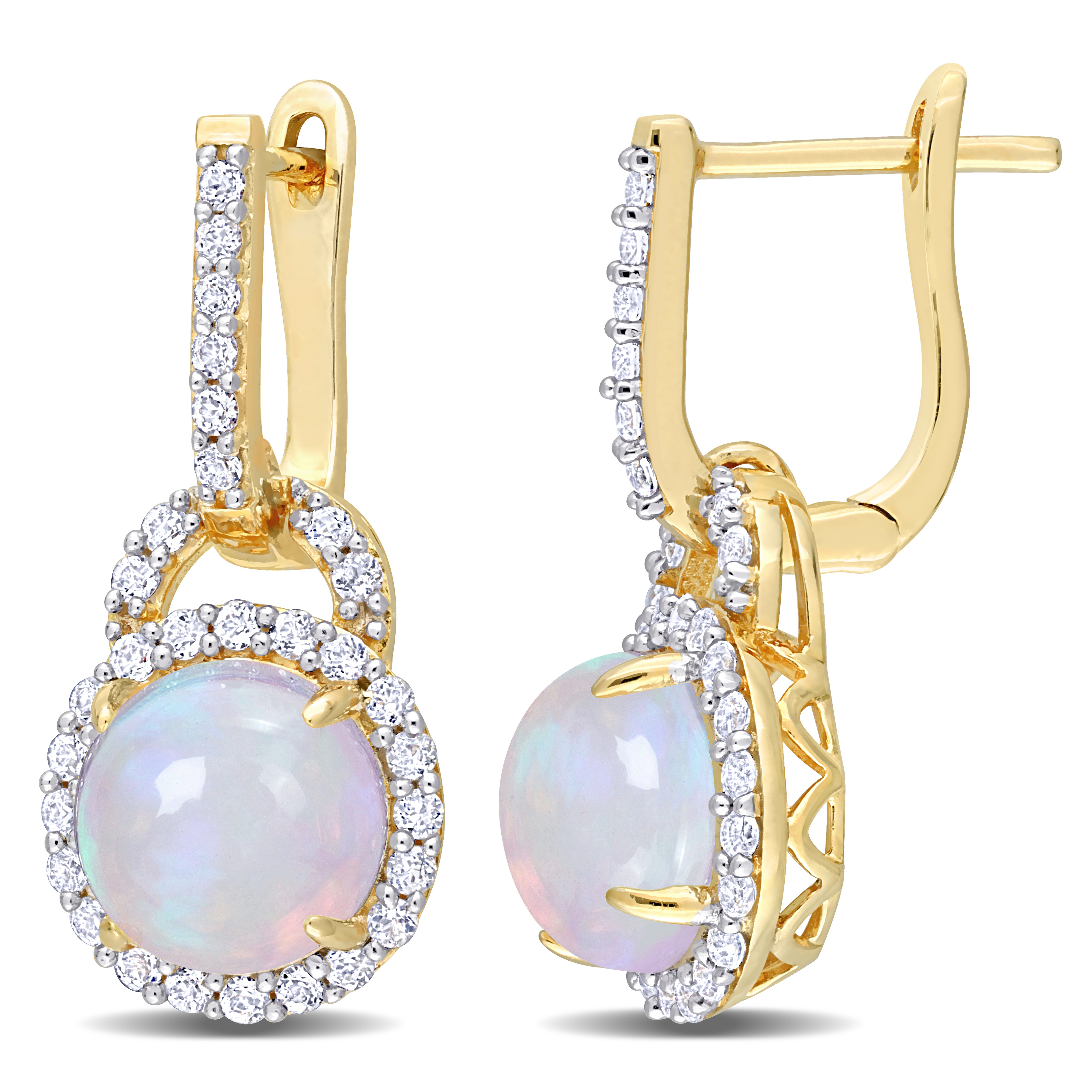 3 3/8 CT TGW Blue Ethiolian Opal and White Topaz Hoop Halo Charm Earrings in Yellow Plated Sterling Silver