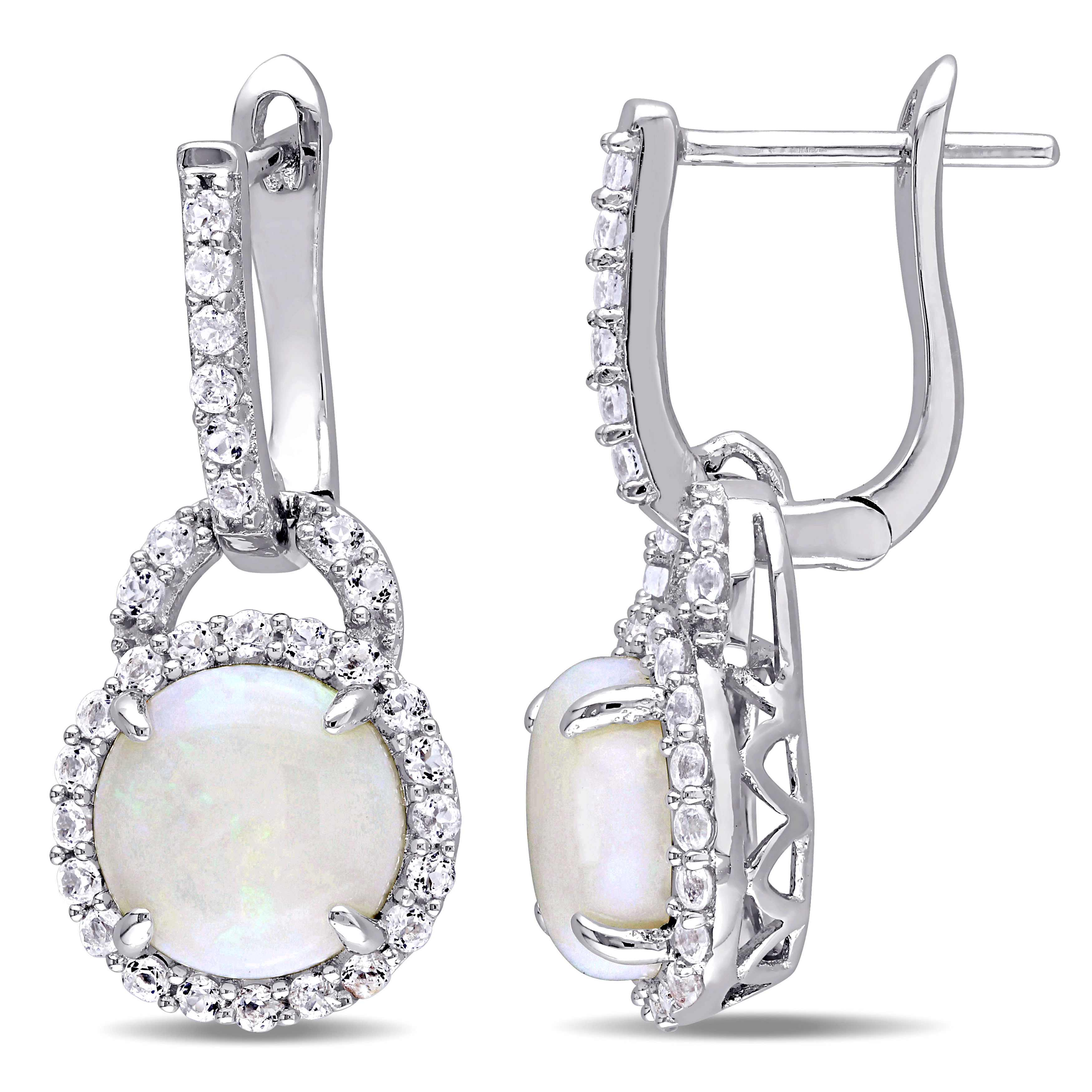 3 1/10 CT TGW Opal and White Topaz Hinged Hoop Charm Earrings in Sterling Silver