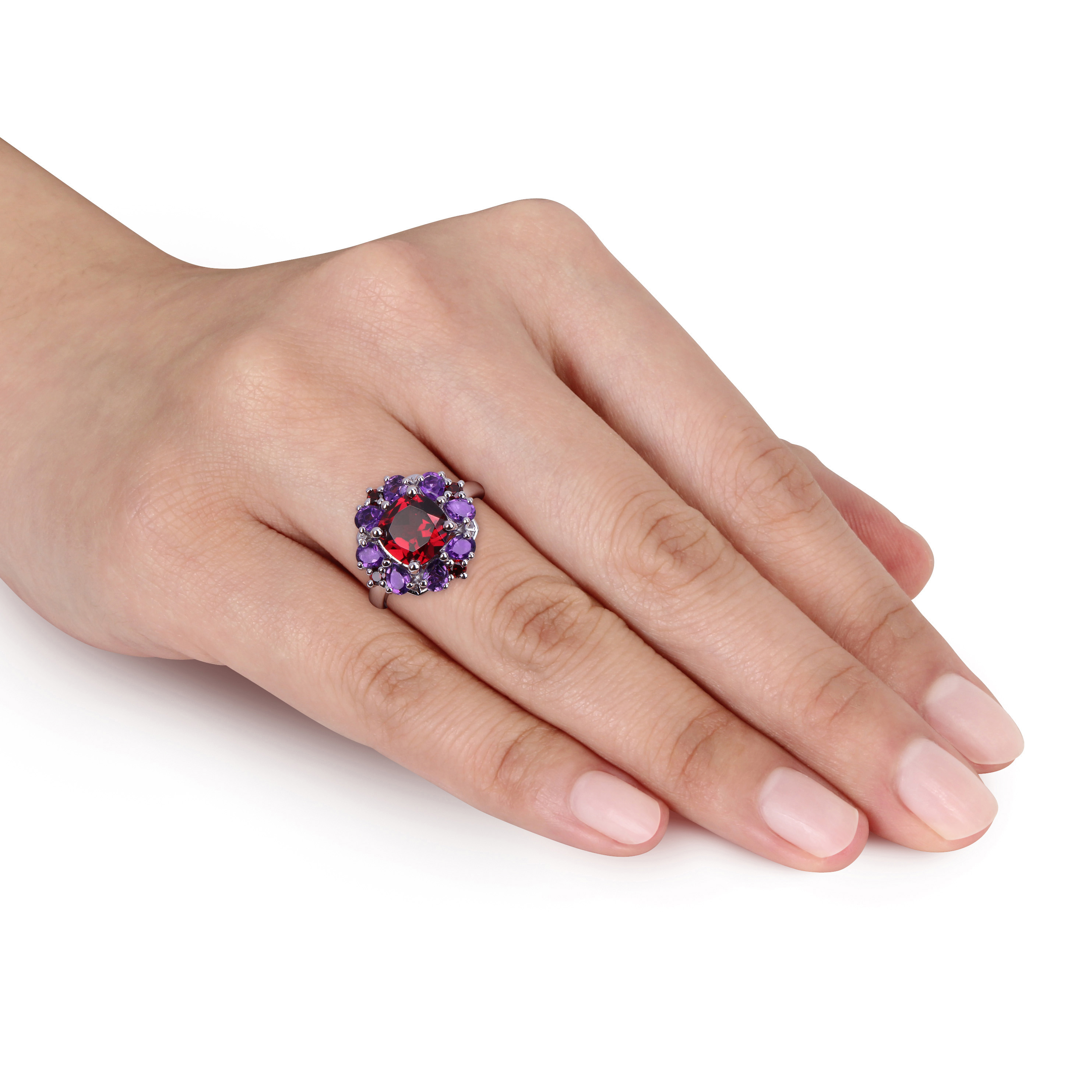 4 2/5 CT TGW Garnet and African Amethyst Quatrefoil Floral Ring in Sterling Silver