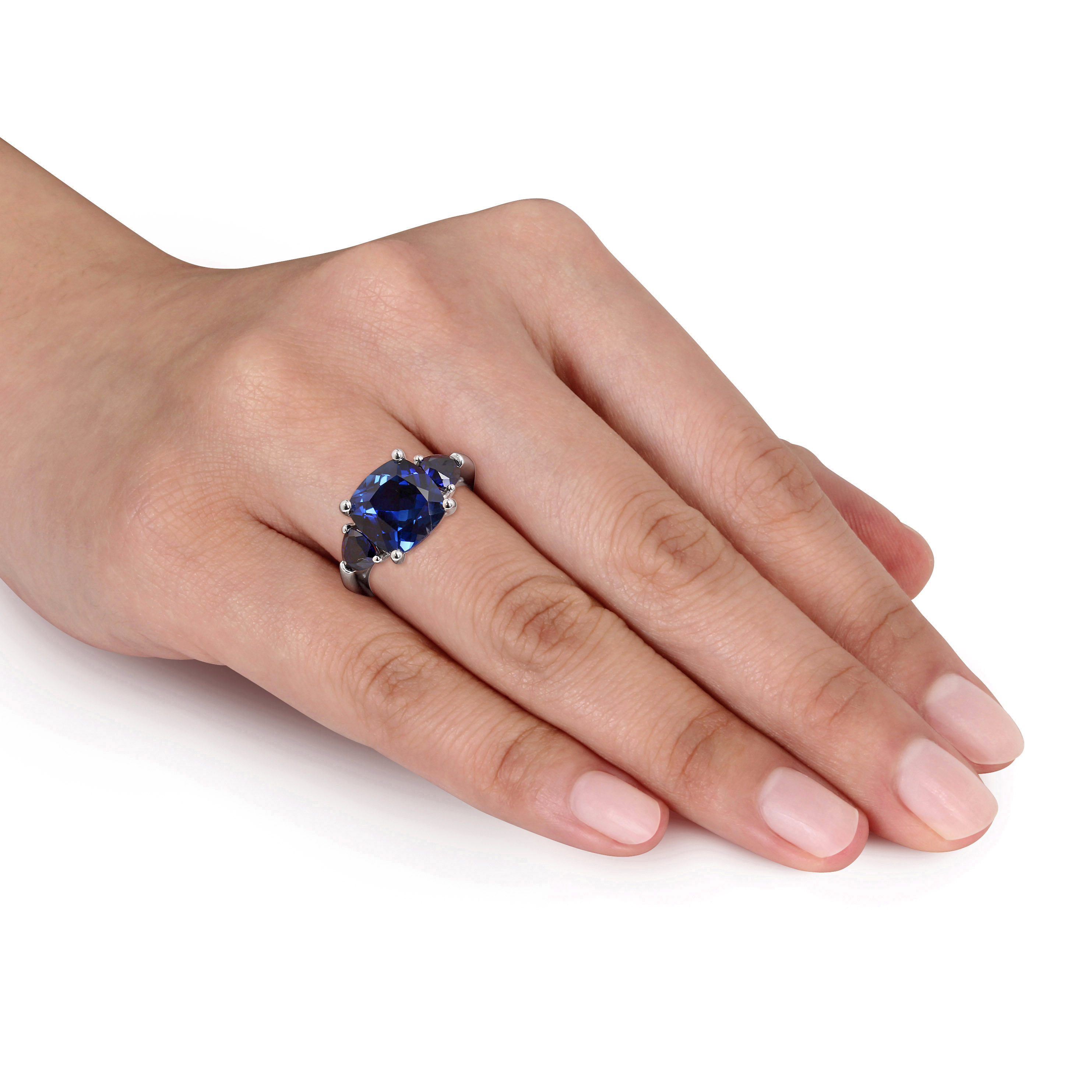 7 1/10 CT TGW Created Blue Sapphire Three-Stone Ring in Sterling Silver