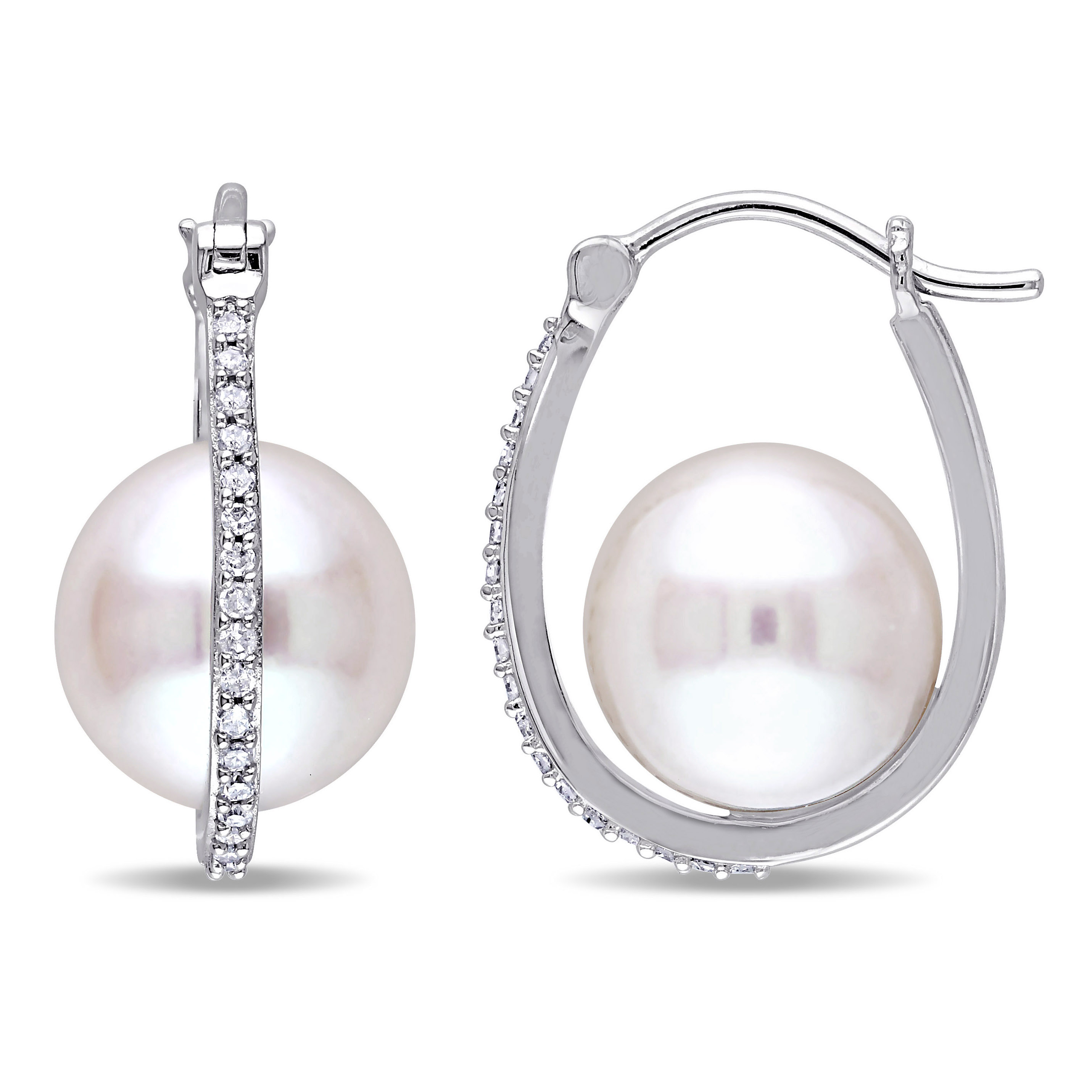 9.5 - 10 MM Cultured Freshwater Pearl and 1/7 CT TW Diamond Hoop Earrings in 10k White Gold