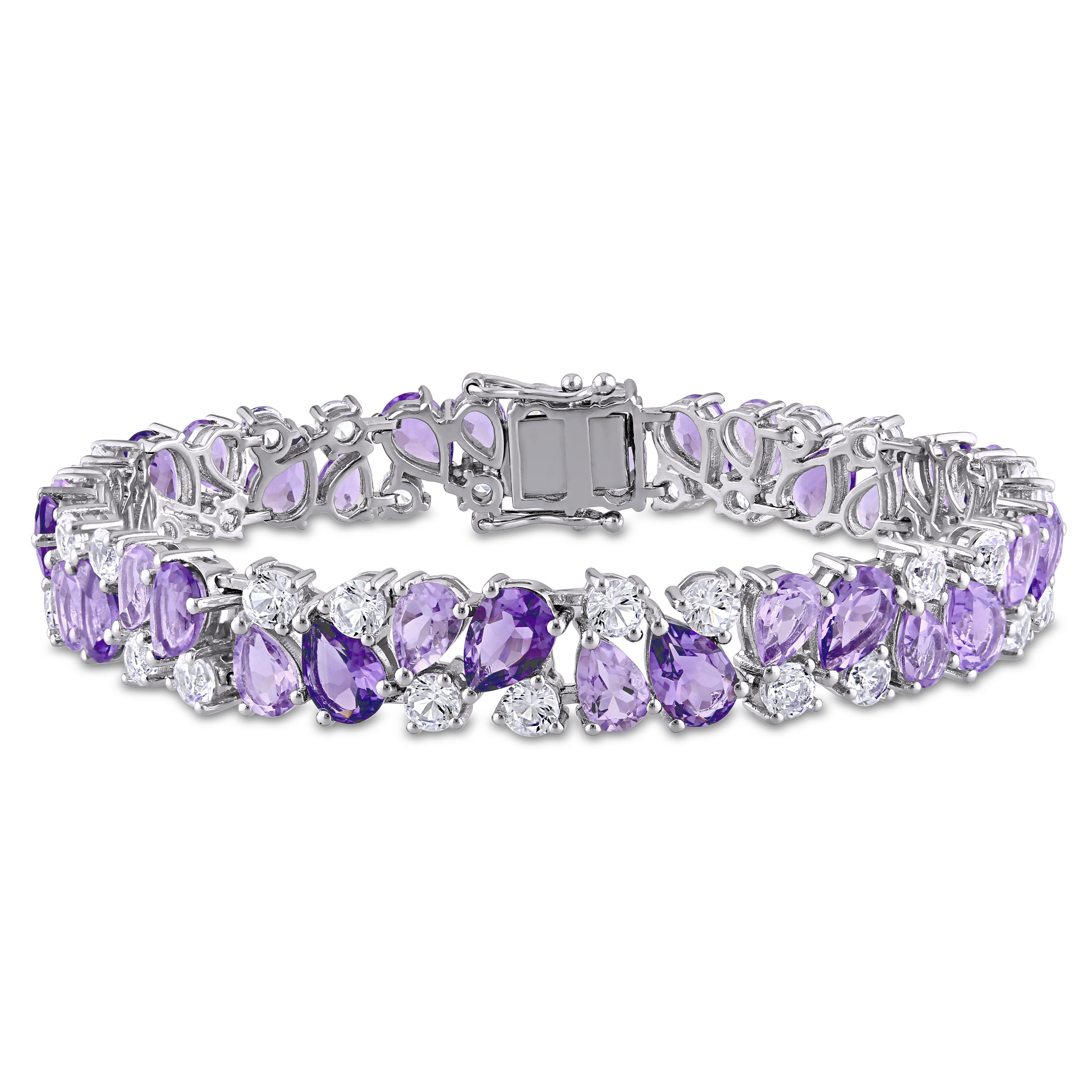 27 1/6 CT TGW Rose de France Amethyst and Created White Sapphire Vintage Bracelet in Sterling Silver