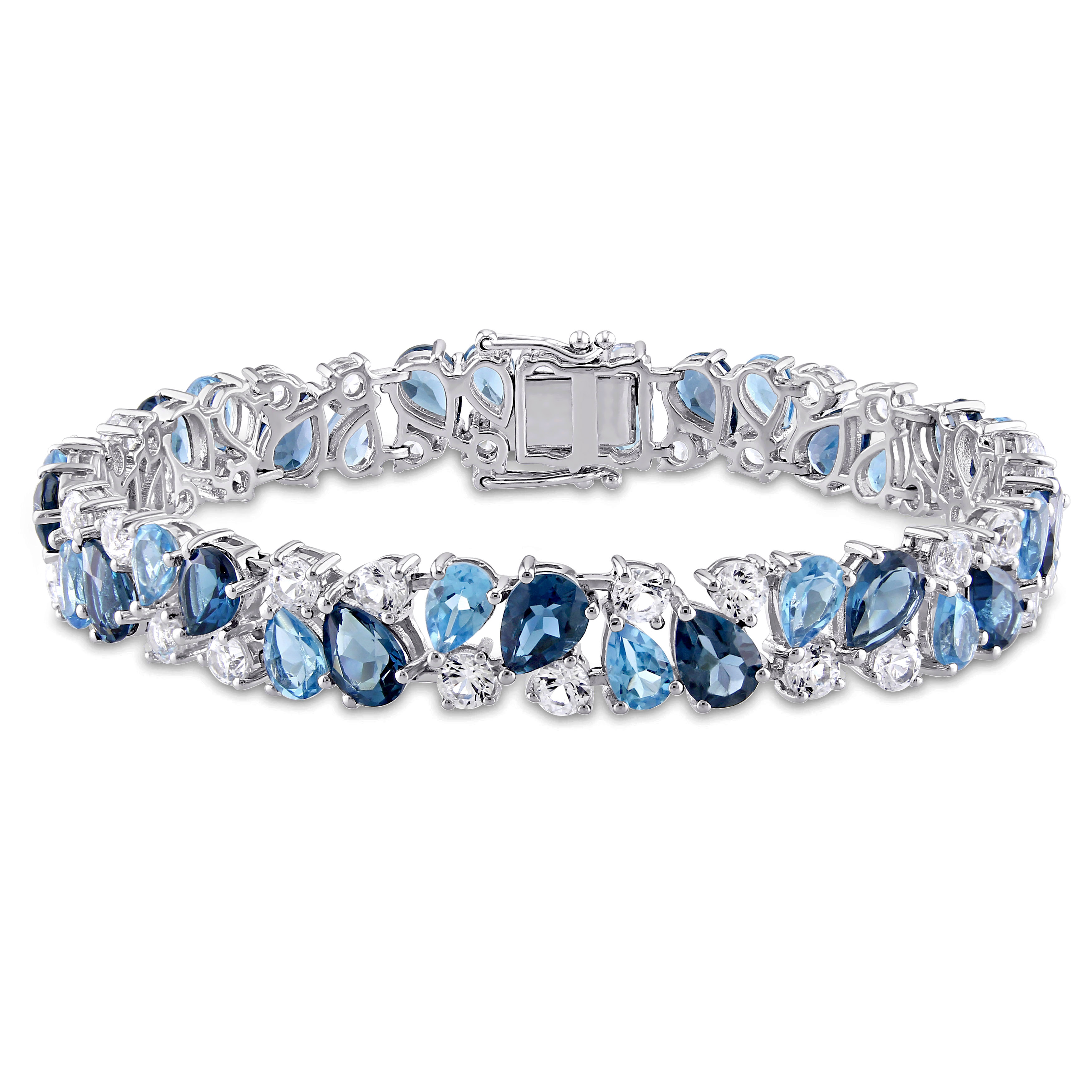 33 1/3 CT TGW London and Swiss Blue Topaz and Created White Sapphire Teardrop Bracelet in Sterling Silver
