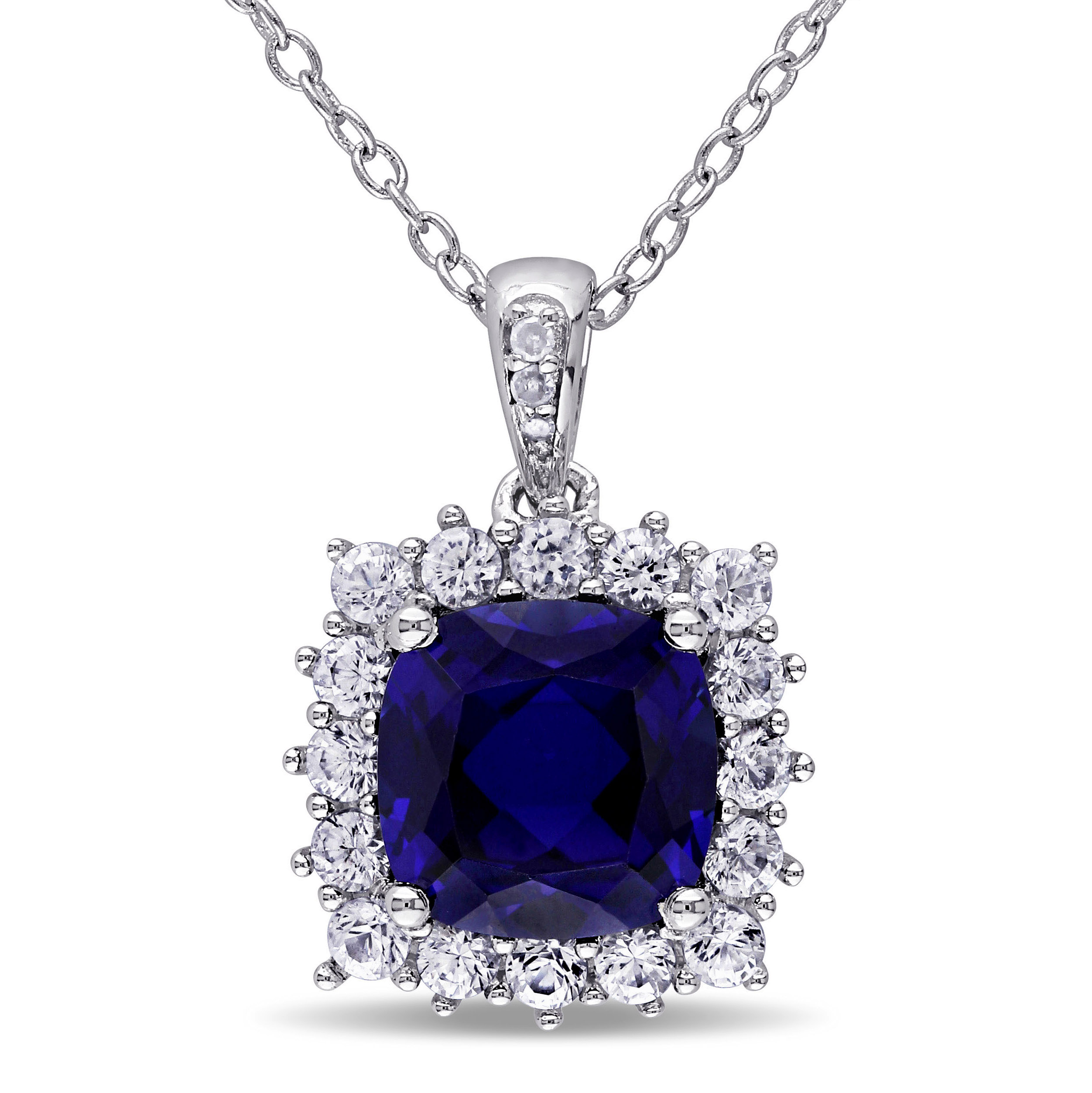 3 3/5 CT TGW Created Blue and Created White Sapphire and Diamond Halo Pendant with Chain in Sterling Silver - 18 in.