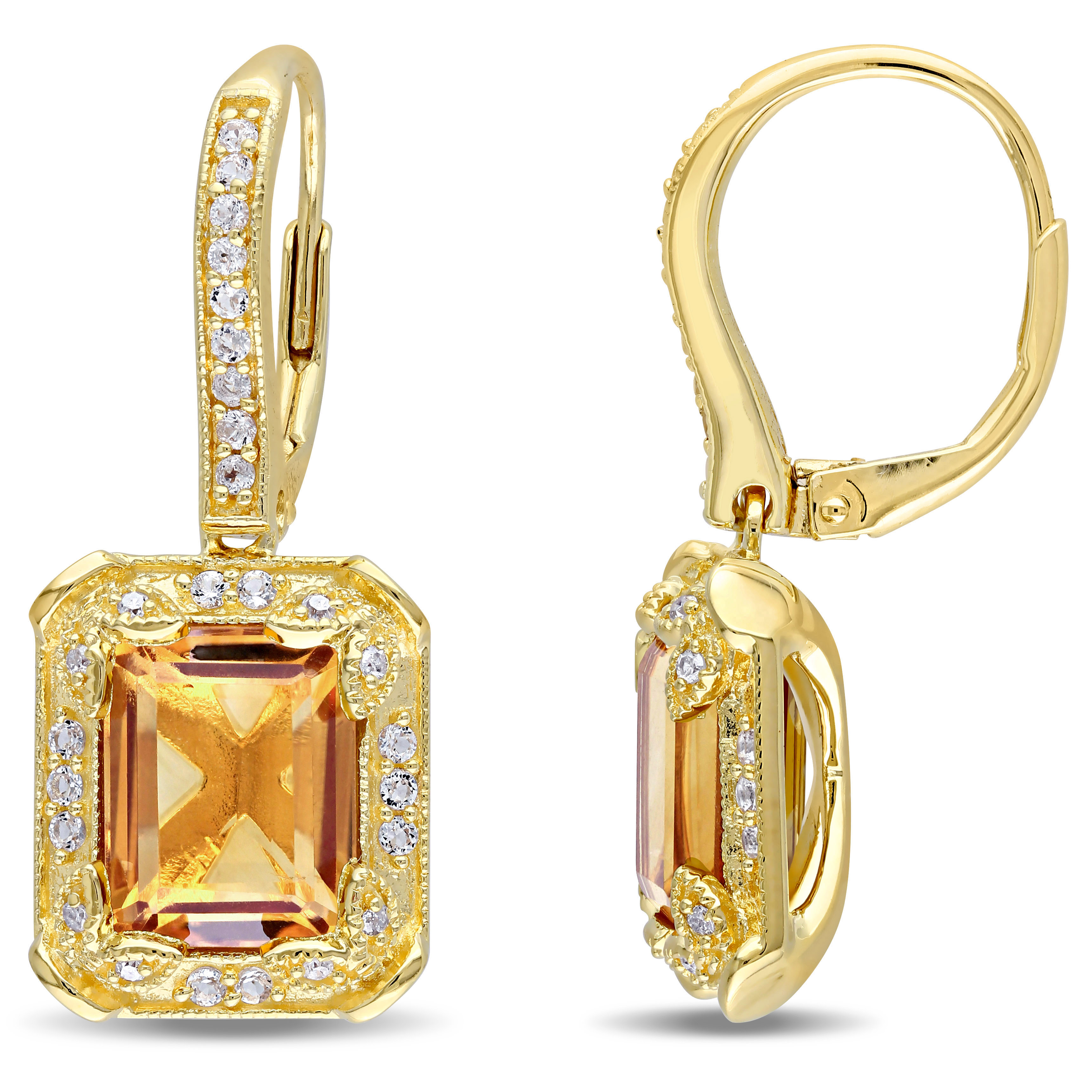 6 3/5 CT TGW Citrine, White Topaz and 1/10 CT TW Diamond Leverback Earrings in Yellow Plated Sterling Silver