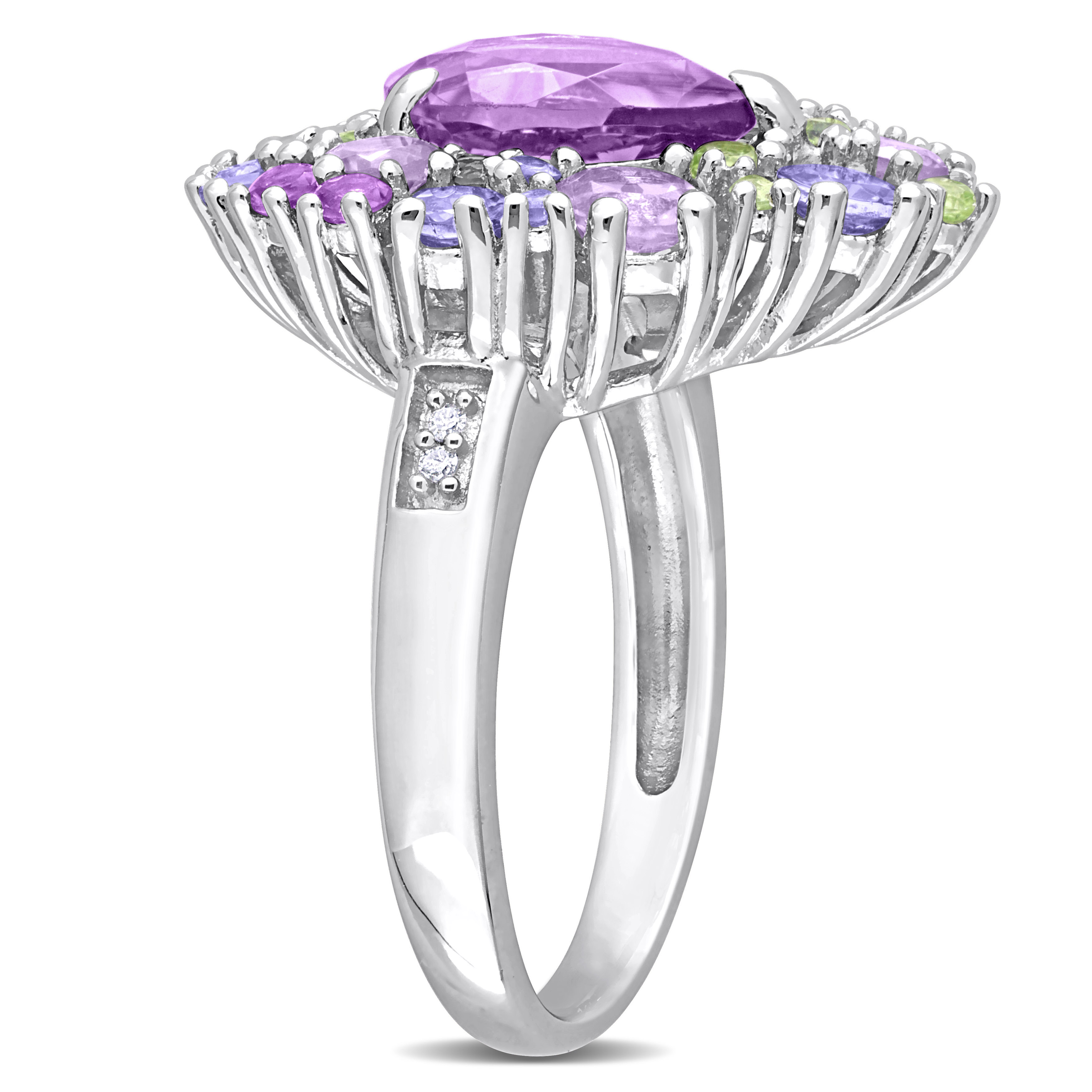 4 1/2 CT TGW Tanzanite, Rose de France, Peridot and Amethyst Pear-shape Cluster Cocktail Ring in Sterling Silver