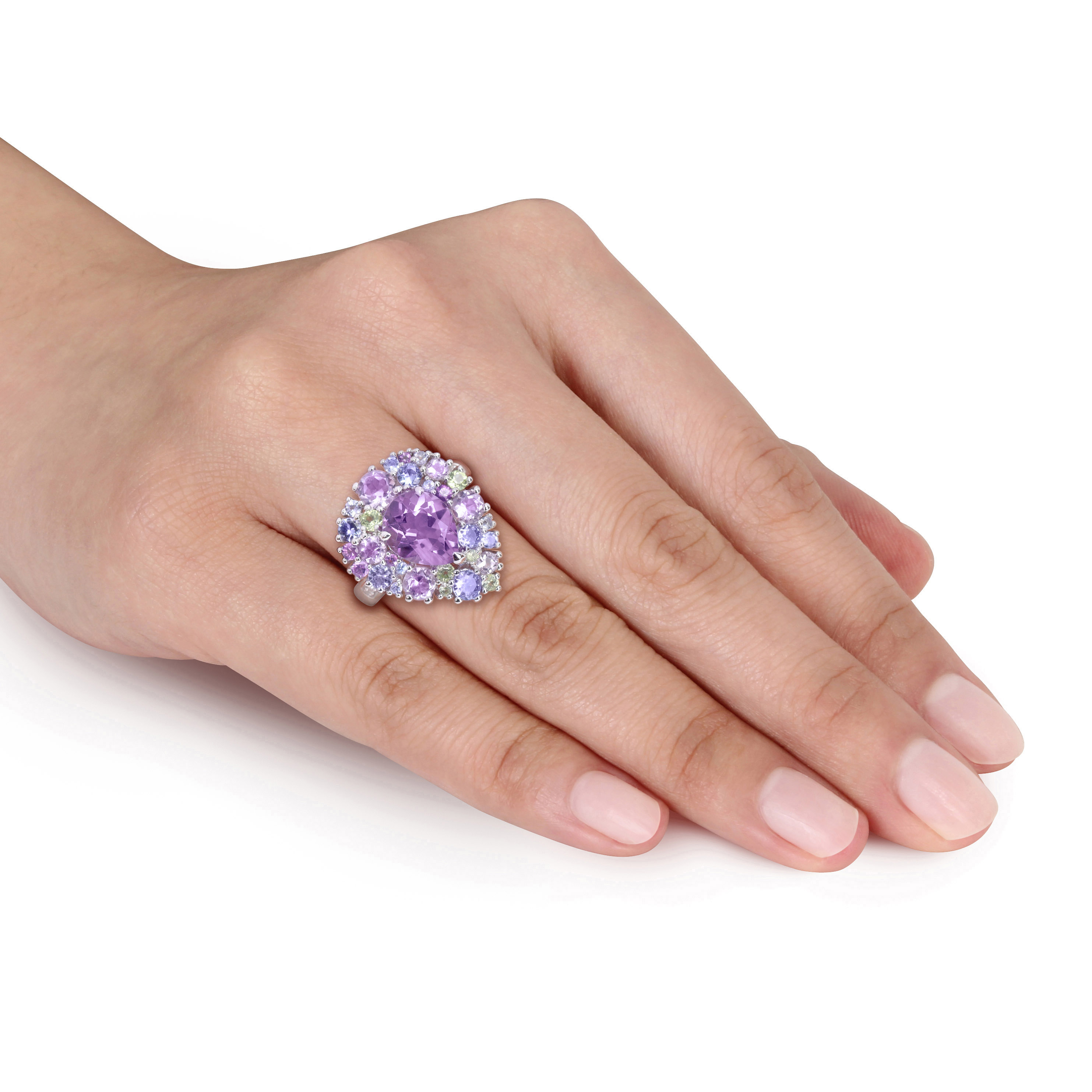 4 1/2 CT TGW Tanzanite, Rose de France, Peridot and Amethyst Pear-shape Cluster Cocktail Ring in Sterling Silver